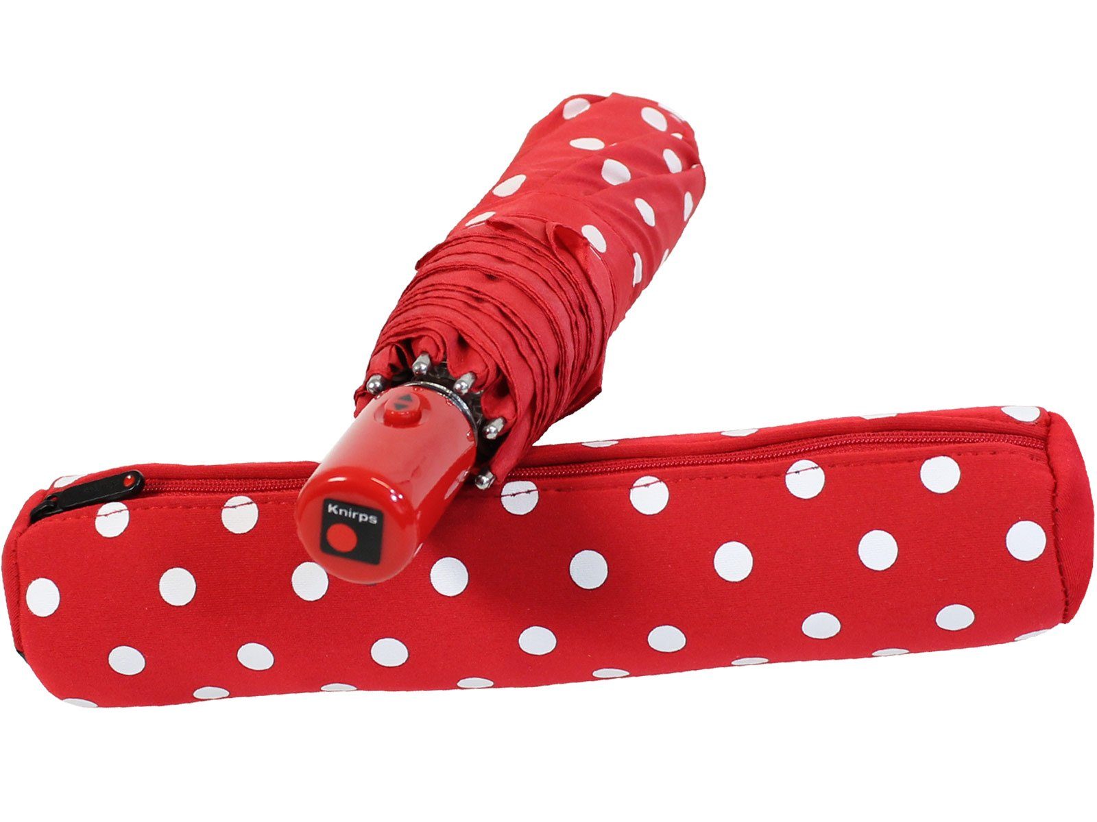 Knirps® Taschenregenschirm Slim Duomatic Neopren-Case - Polka Dots rot, mit praktischer Neopren-Tasche – Bild 4 von 5
