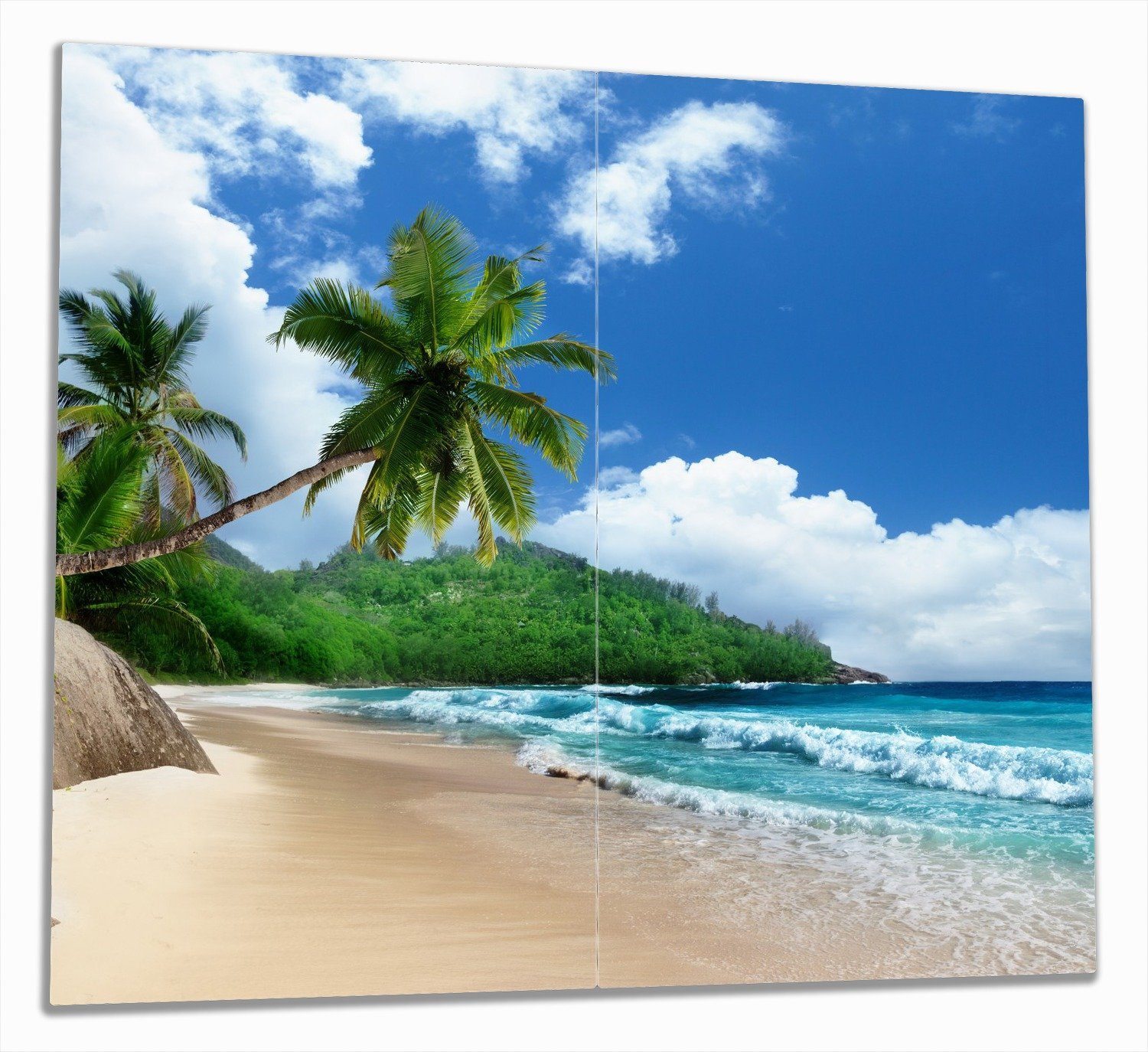 Wallario Herd-Abdeckplatte Urlaub auf den Seychellen unter Palmen am Sandstrand, ESG-Sicherheitsglas, (Glasplatte, 2 tlg., inkl. 5mm Noppen), verschiedene Größen