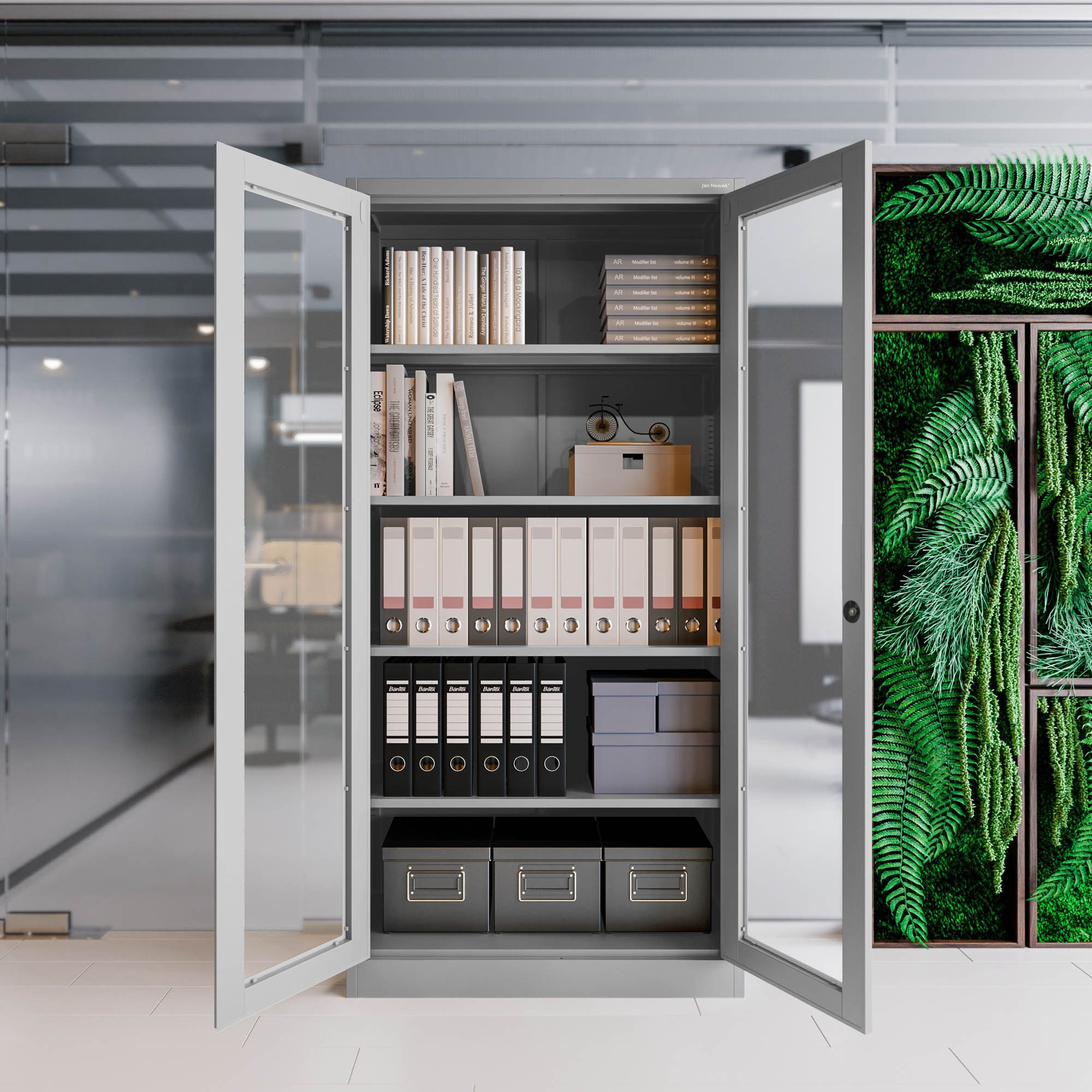 Jan Nowak Vitrine Metall Vitrinenschrank abschließbar 90 cm AMELIA Glasscheiben (Büroschrank Aktenschrank Büro Kanzlei Praxis Sozialraum, Stahl 0,6 mm 185 x 90  – Bild 5 von 5
