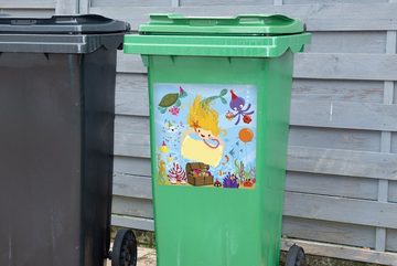 MuchoWow Wandsticker Illustration einer Meerjungfrau mit einer Schatztruhe (1 St), Mülleimer-aufkleber, Mülltonne, Sticker, Container, Abfalbehälter