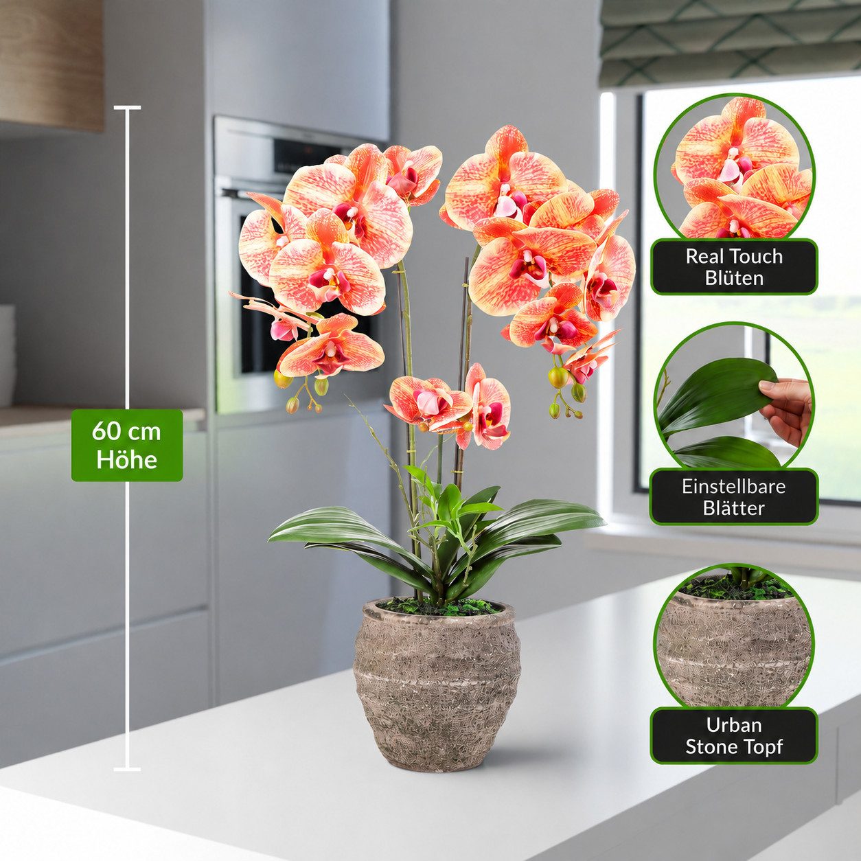 Kunstorchidee PASCH® Orchidee künstlich wie echt (60cm) in Urban Stone Töpfen Orchidee, PASCH, Real Touch Blüten, Handgefertigter Stone Cube