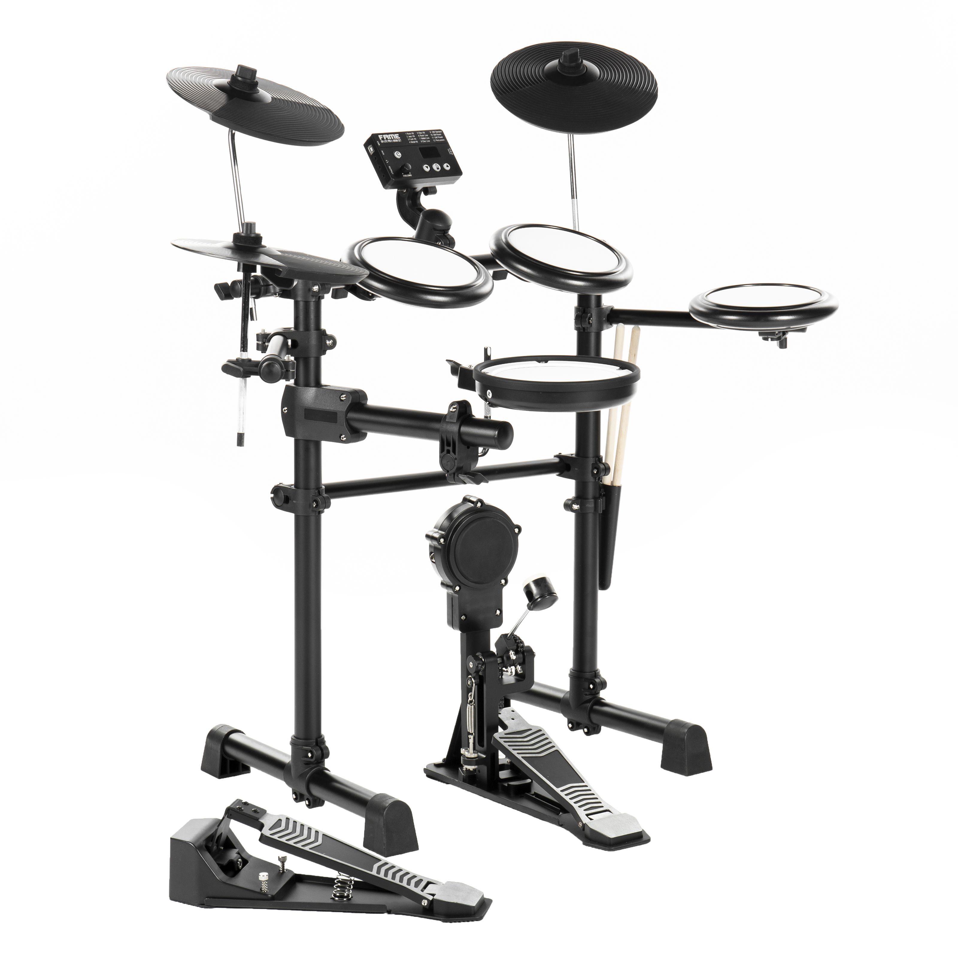 FAME E-Drum,DD-Lite Pro E-Drum Set Elektronisches Schlagzeug-Set mit 144 Sounds 12 Drumsets Aux-Eingang MIDI Drumsticks Drum Key Mesh Heads Kick-Pad E-Schlagzeug Schwarz, E-Drums, E-Drum Sets, E-Drum Set, Elektronisches Schlagzeug, Mesh Heads