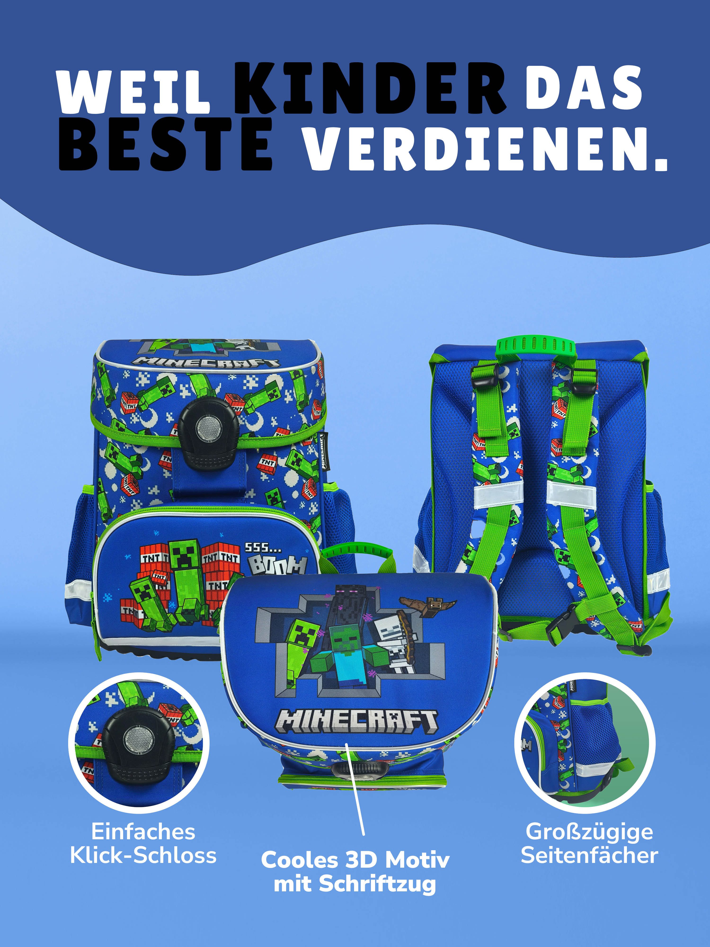 Familando Schulranzen Minecraft 1.-4. Klasse ergonomisch, geräumig, Volumen 18 Liter (Set, 9-tlg., inkl. Lunch-Set und Sporttasche), MINECRAFT Motiv blau – Bild 5 von 5