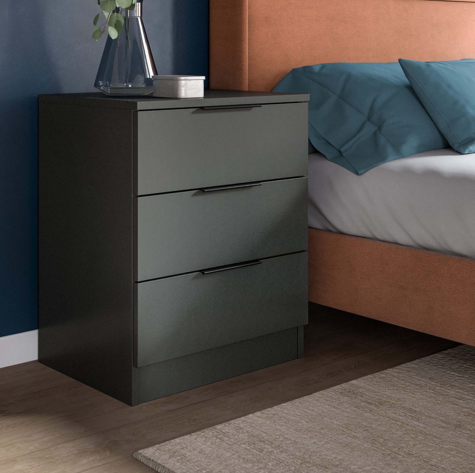 Inn.Furn Nachttisch Swan (Nachtkommode in Grau, 3 Schubladen, 45 x 60 cm), Boxspring geeignet, Vollauszug