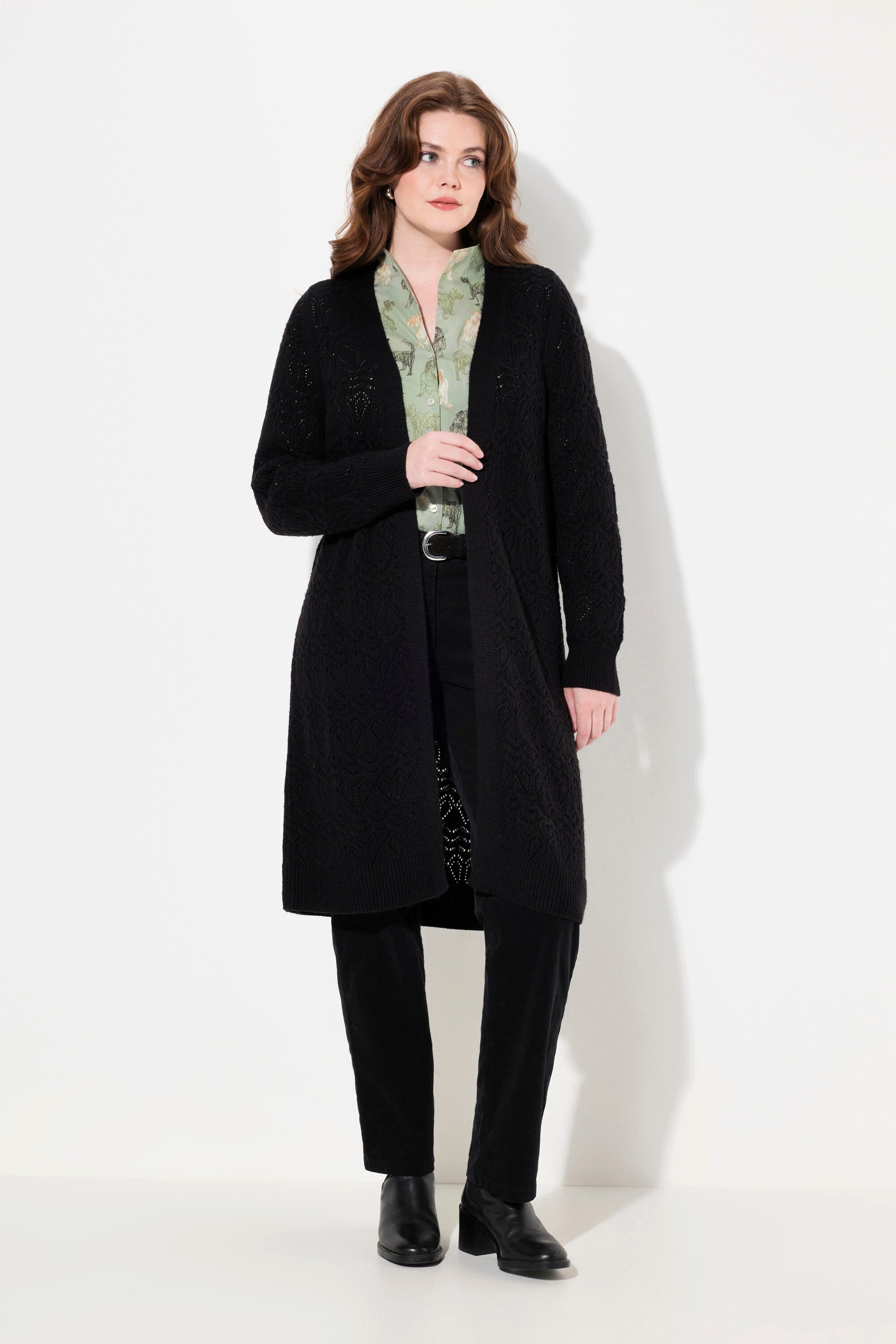 Cardigan Donna Ulla Popken In Ciniglia, Taglio Aperto, Scollo A V, Maniche Raglan, Due Tasche