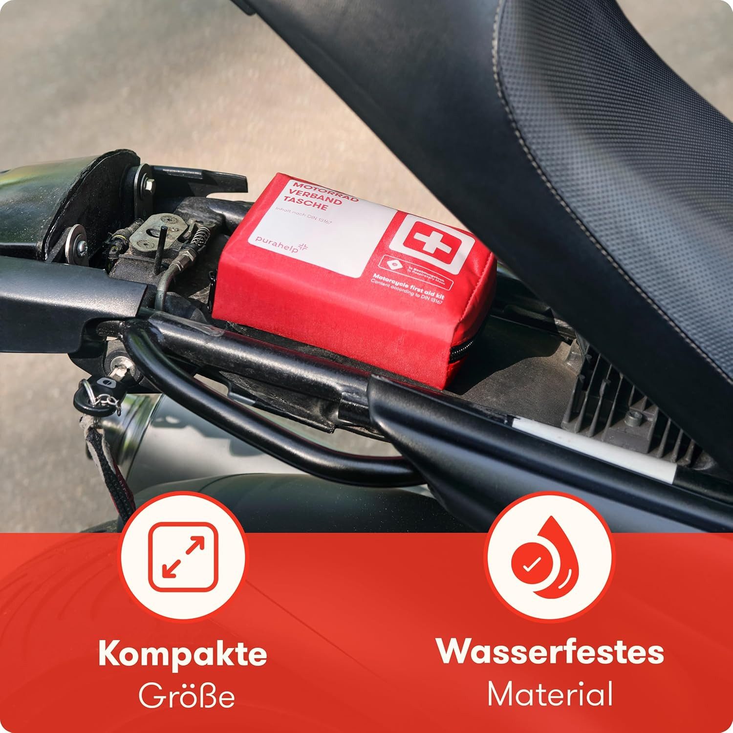 Purahelp KFZ-Verbandtasche Motorrad Verbandskasten - aktuelle Norm 2024 DIN 13167 (StVO konform), (29 St), Inkl. Warnweste & Beatmungstuch - Motorrad Erste Hilfe Set