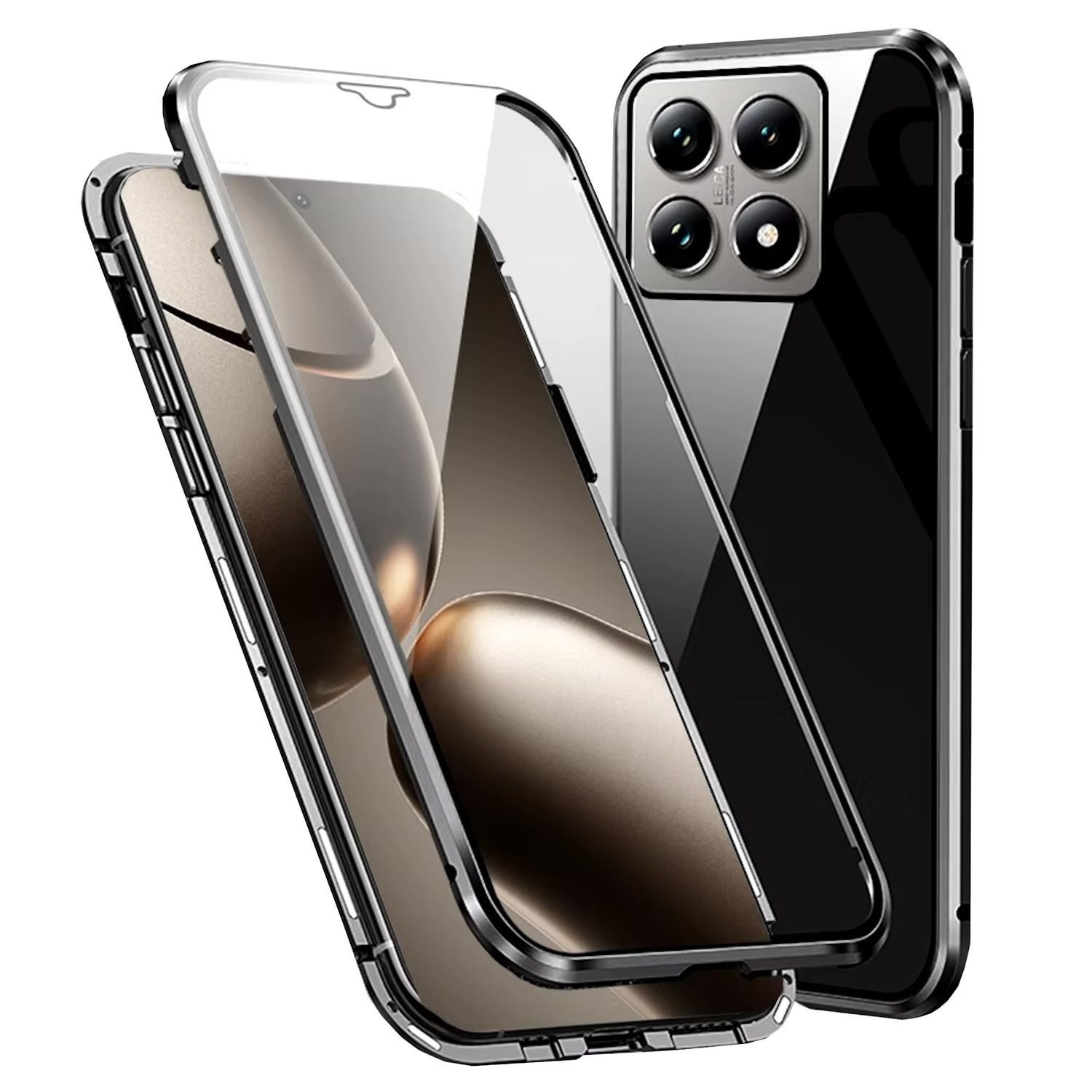 Wigento Handyhülle Für Xiaomi 14T Beidseitiger 360 Grad Magnet Glas Bumper Hülle Schwarz, Magnetische Metallrahmenhülle mit beidseitigem Hartglas