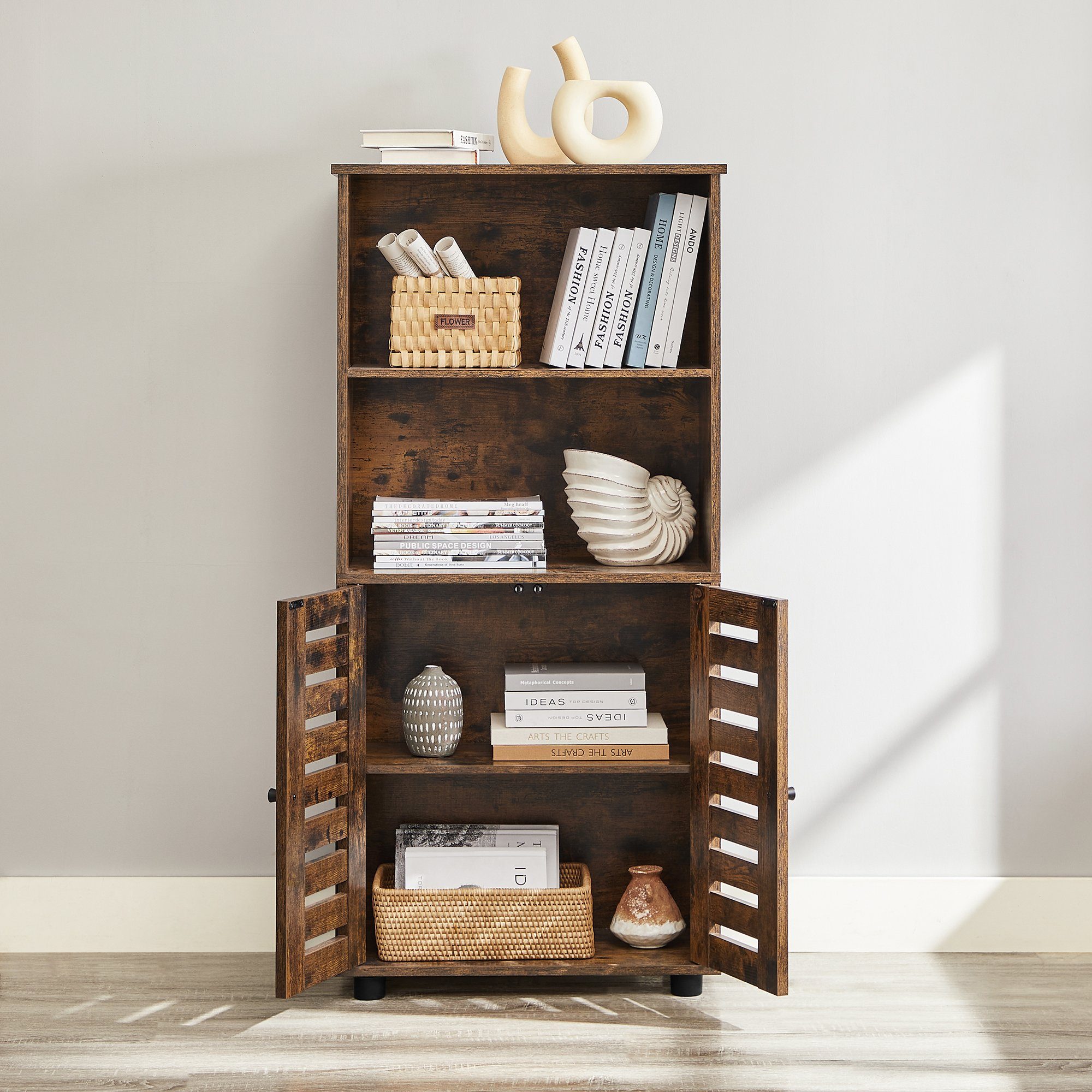 VASAGLE Highboard, Bücherschrank mit Lamellentüren, 2 offene Fächer