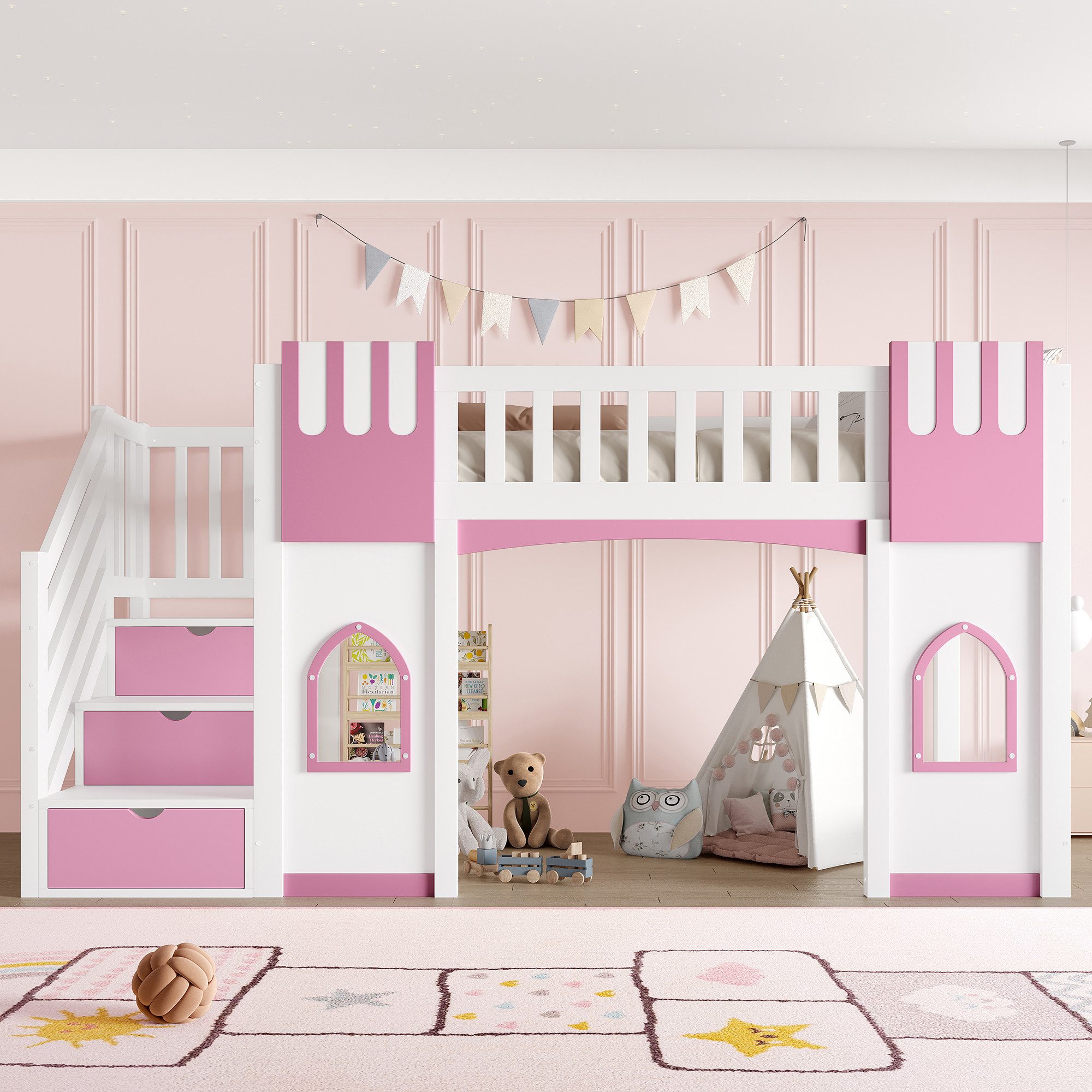 Flieks Etagenbett, Hochbett Fenster-Design 90x200cm mit Rausfallschutz und Stauraumtreppe