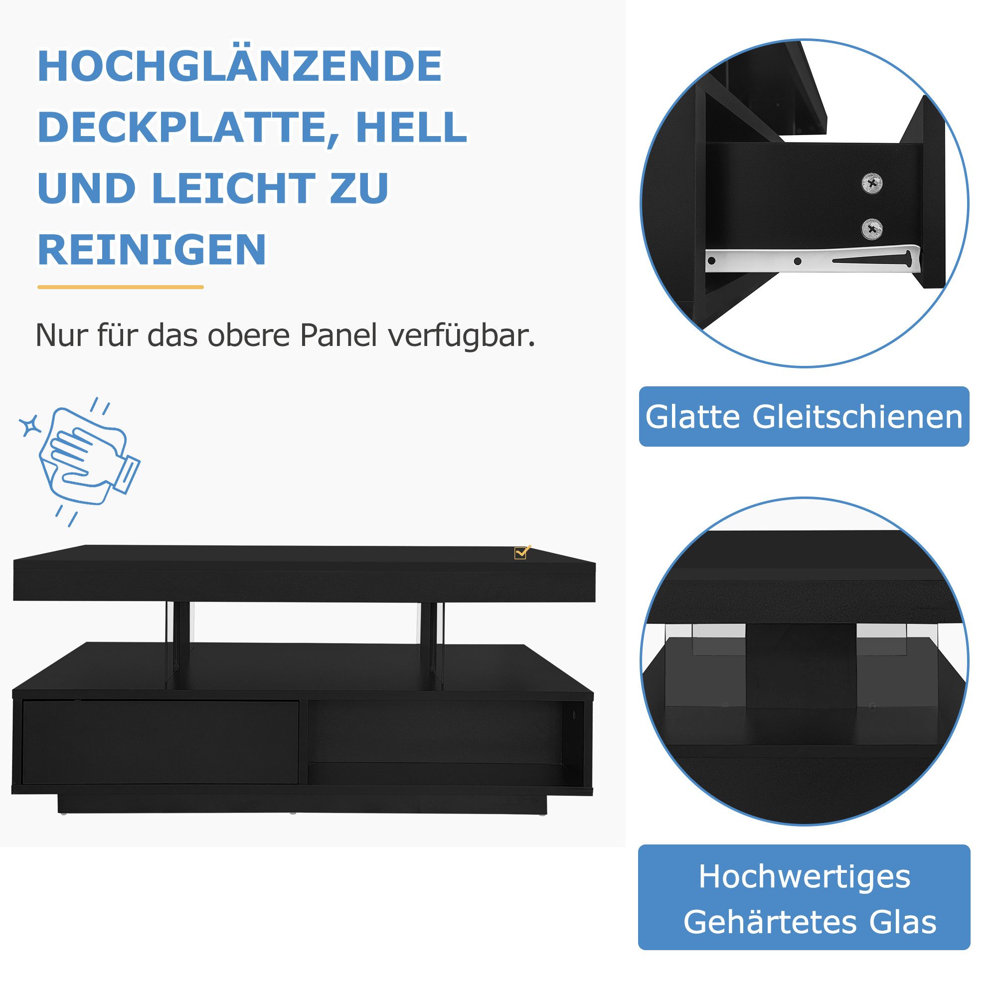 Merax Couchtisch mit 2 Schubladen und Stauraum, Beistelltisch Hochglanz mit LED inkl. APP, Wohnzimmertisch
