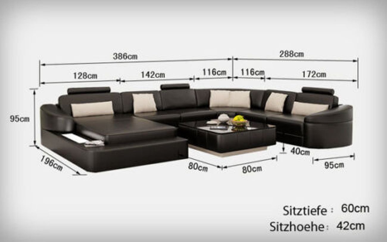 Schwarz U-Form USB Sofa JVmoebel Leder Ecksofa Garnitur Couch Eck Modern Wohnlandschaft Sofas