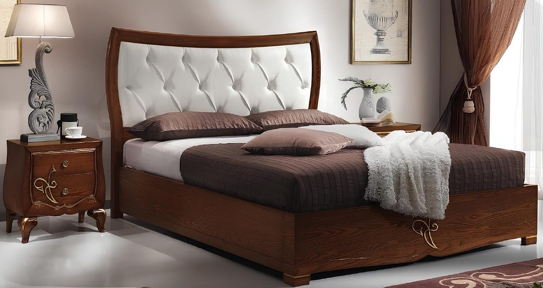 JVmoebel Bettgestell Holz Doppelbett mit eleganten Nachttischen in warmen Brauntönen, Made in Europa