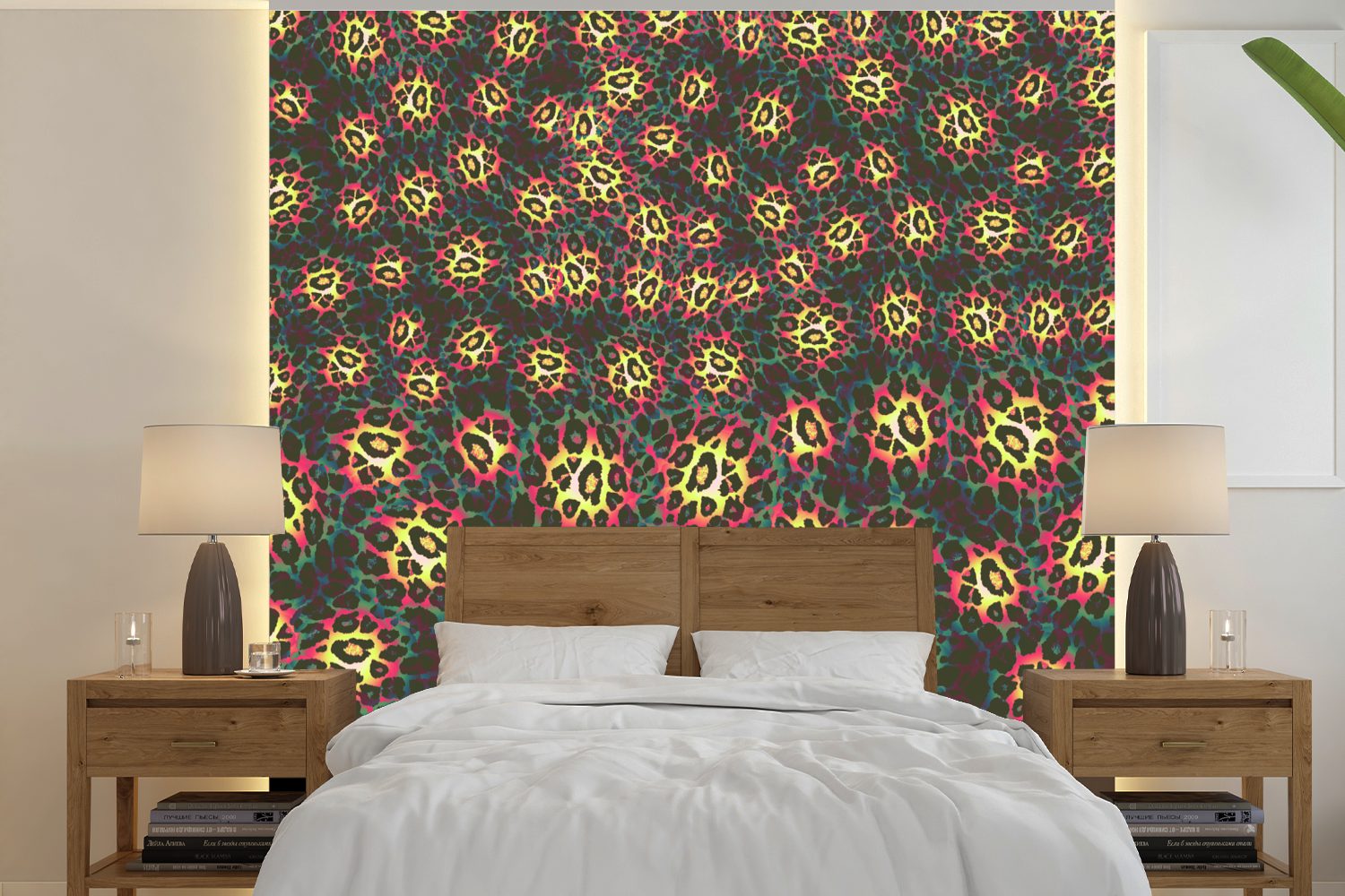 MuchoWow Fototapete Leopard - Muster - Farbenfroh, Matt, bedruckt, (5 St), Vinyl Tapete für Wohnzimmer oder Schlafzimmer, Wandtapete