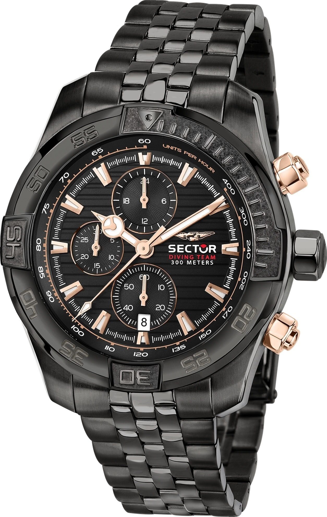 Sector Chronograph Sector Herren Armbanduhr Chrono, Herren Armbanduhr rund, groß (43mm) Edelstahlarmband schwarz, Fashion