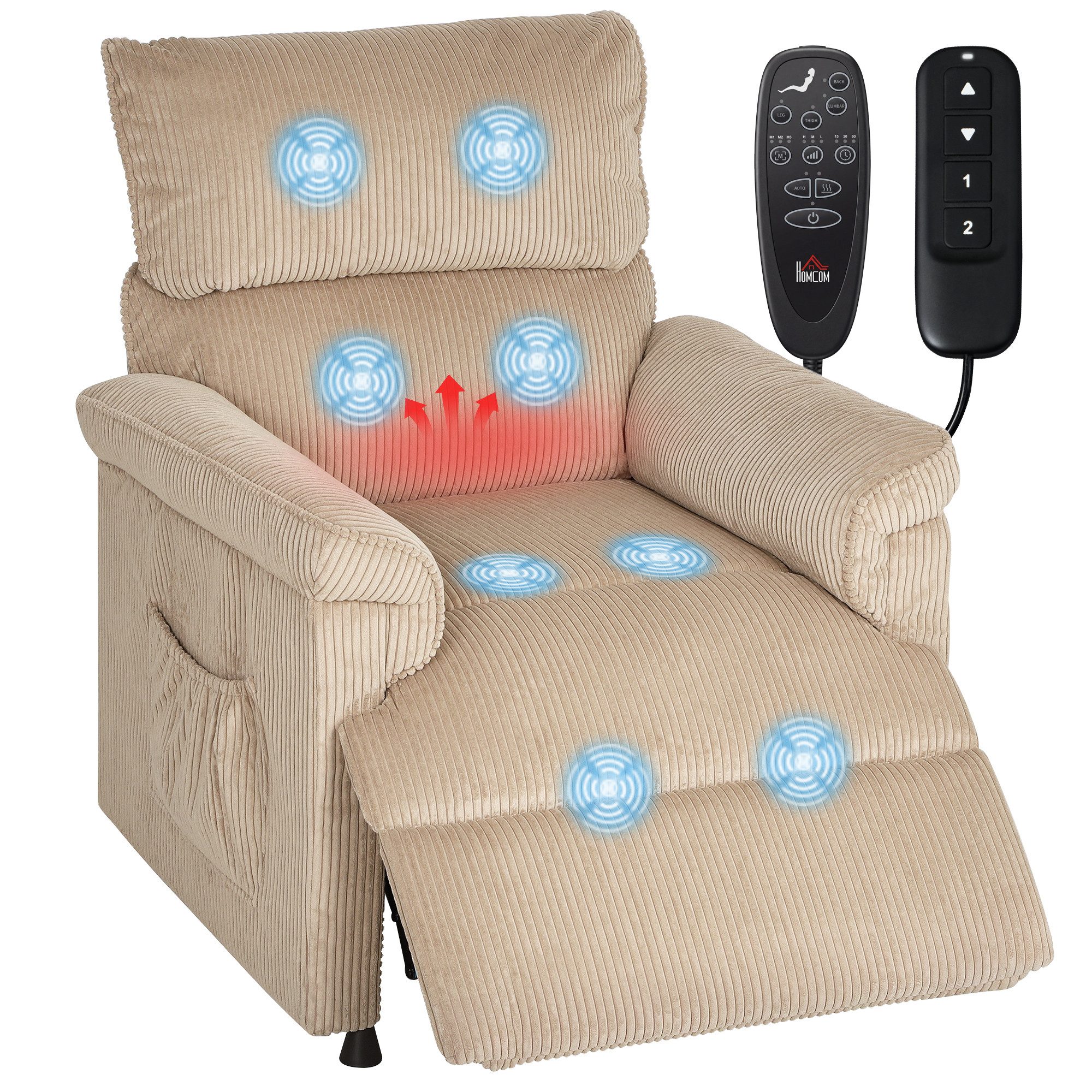 HOMCOM Massagesessel mit Fußstütze, Seitentaschen (Elektrisch Relaxsessel, 1-St., Fernsehsessel), Mit 8-Punkt-Massage und Heizfunktion, Braun