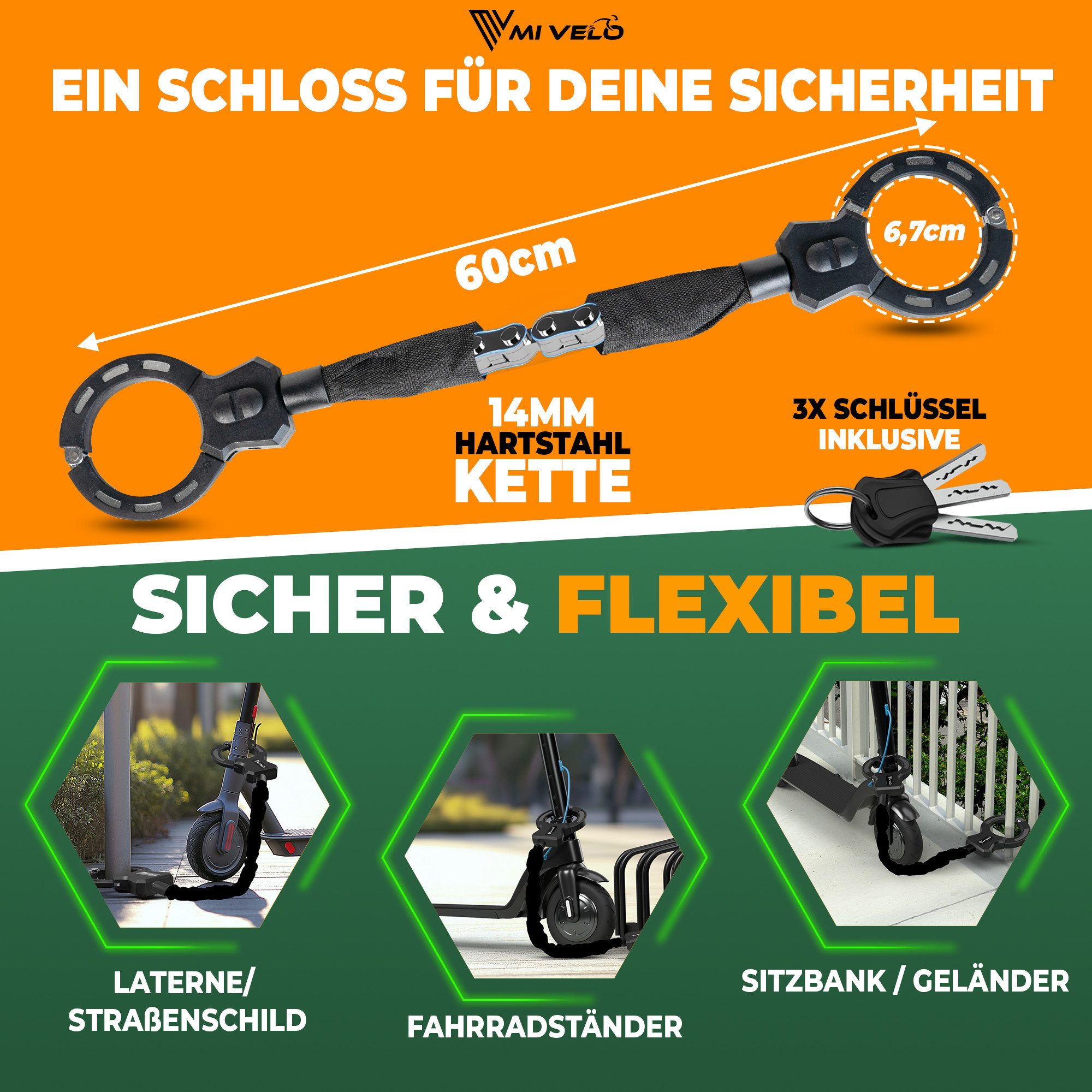 MIVELO Kettenschloss Handschellenschloss für E-Scooter & Fahrrad mit Schlüssel, inkl. Halterung – Bild 3 von 5