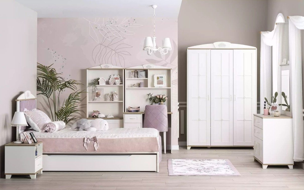 Xlmoebel Jugendzimmer-Set Komplettes Chesterfield-Kinderzimmer-Set mit rosa Holzbett für Kinder, (8-tlg., Bett/Nachttisch/Kleiderschrank/Kommode/Spiegel/Schreibtisch), Hergestellt in Europa