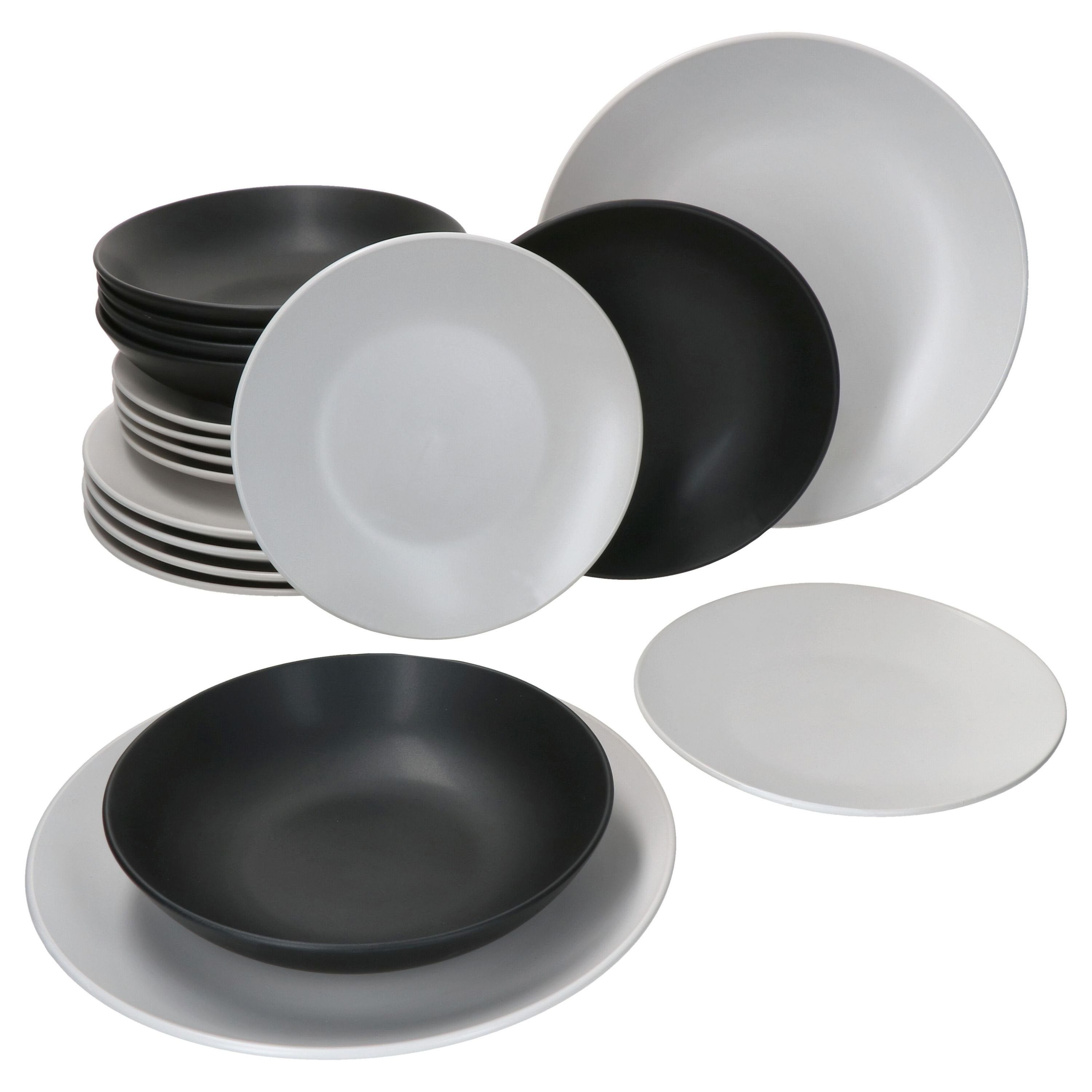 MamboCat Teller-Set Nero Bianco 18-tlg. Tellerset Weiß Schwarz 6 Personen Teller flach, Steingut