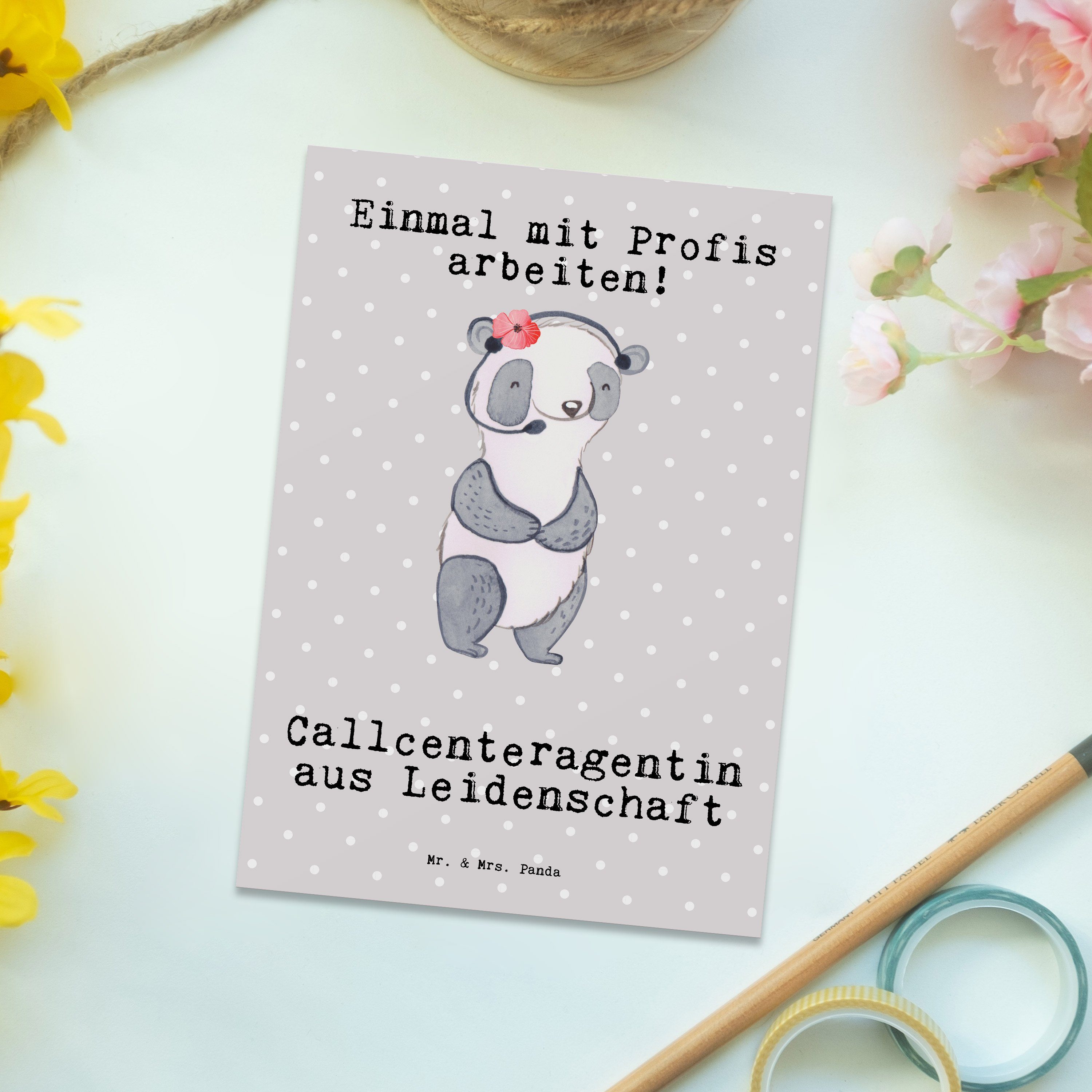 Postkarte - Panda Mr. & Arbeits - Grau aus Leidenschaft Geschenk, Pastell Callcenteragentin Mrs.