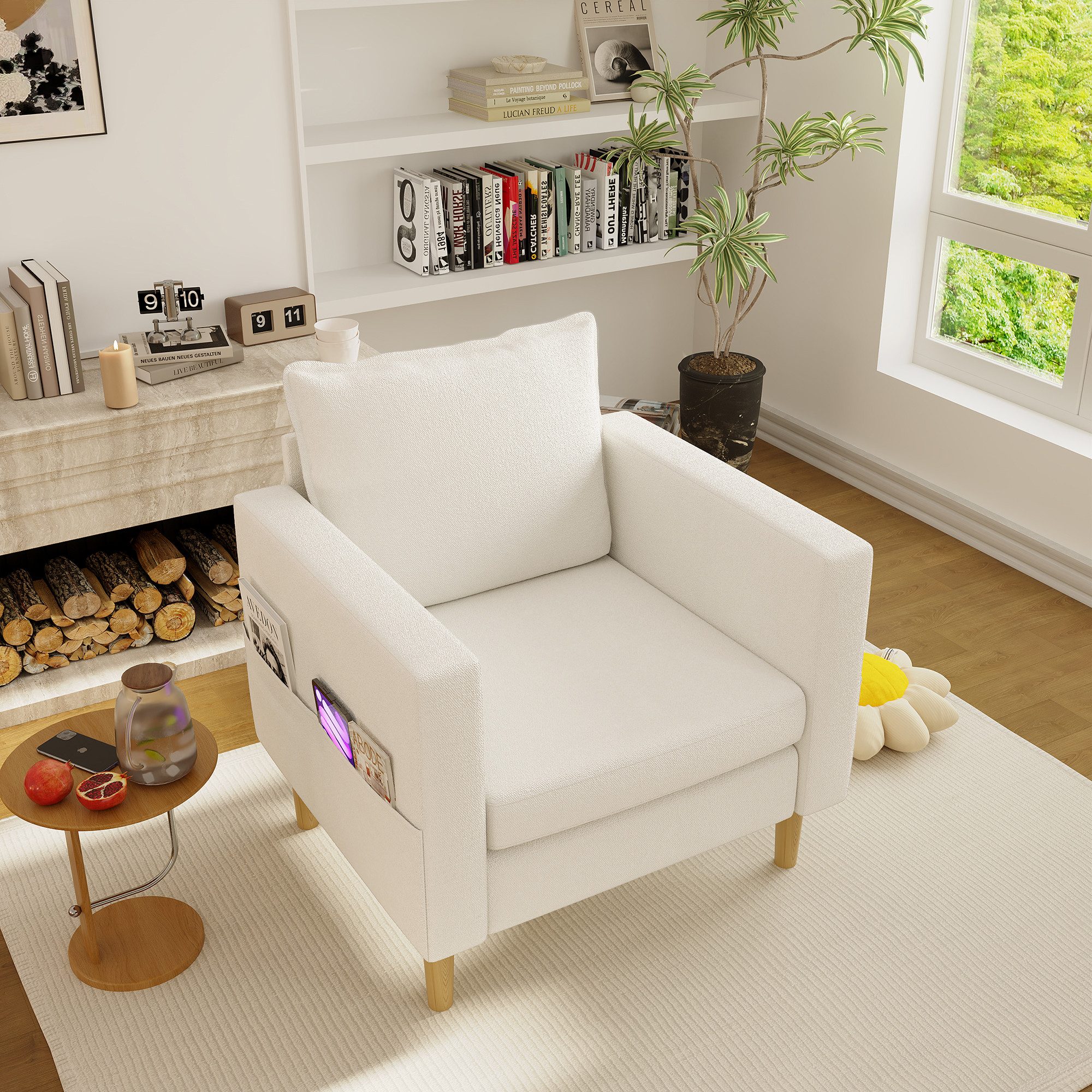HAUSS SPOLE Relaxsessel mit Seitentaschen aus Chenille Einsitzer Armlehnen,Loungesessel Beige (Freizeitstuhl Posterstuhl mit Chenille-Polster und Aufbewahrungstasche), Dekostuhl mit Sofabeine in Holzfarben