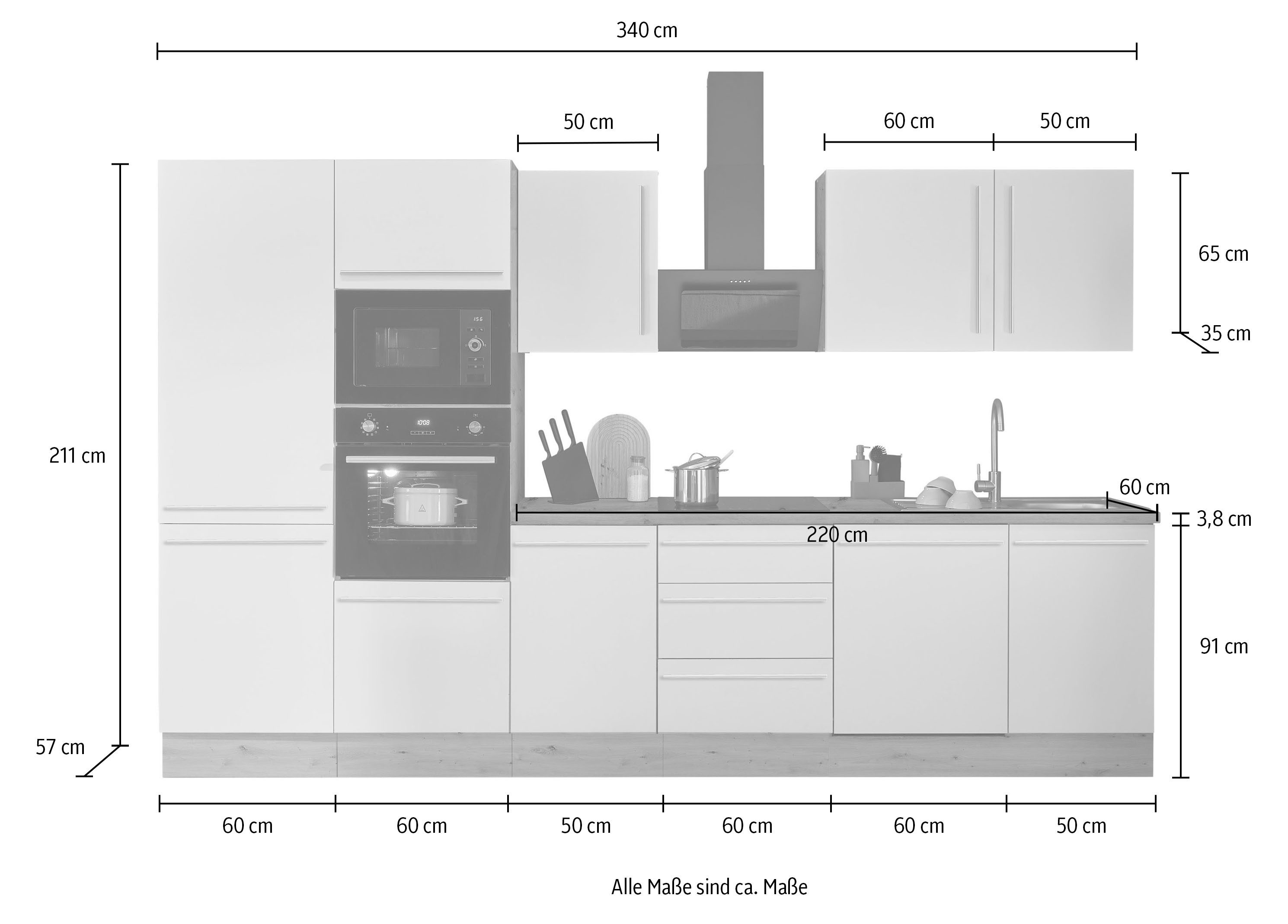 KOCHSTATION Küchenzeile Florida, Breite 340 cm, wahlweise mit E-Geräten,Softclose für Türen/Schubkästen