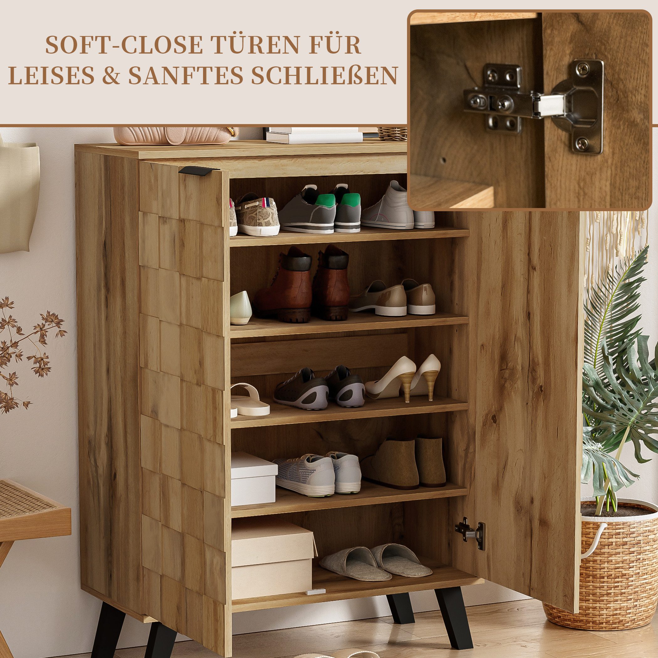 SeedWave Schuhschrank Schuhregal in Holzoptik mit Quadrat-Relief, 5 Geschlossenen Fächer 35cm Tiefe, Verstellbare Einlegeböden – Bild 5 von 5