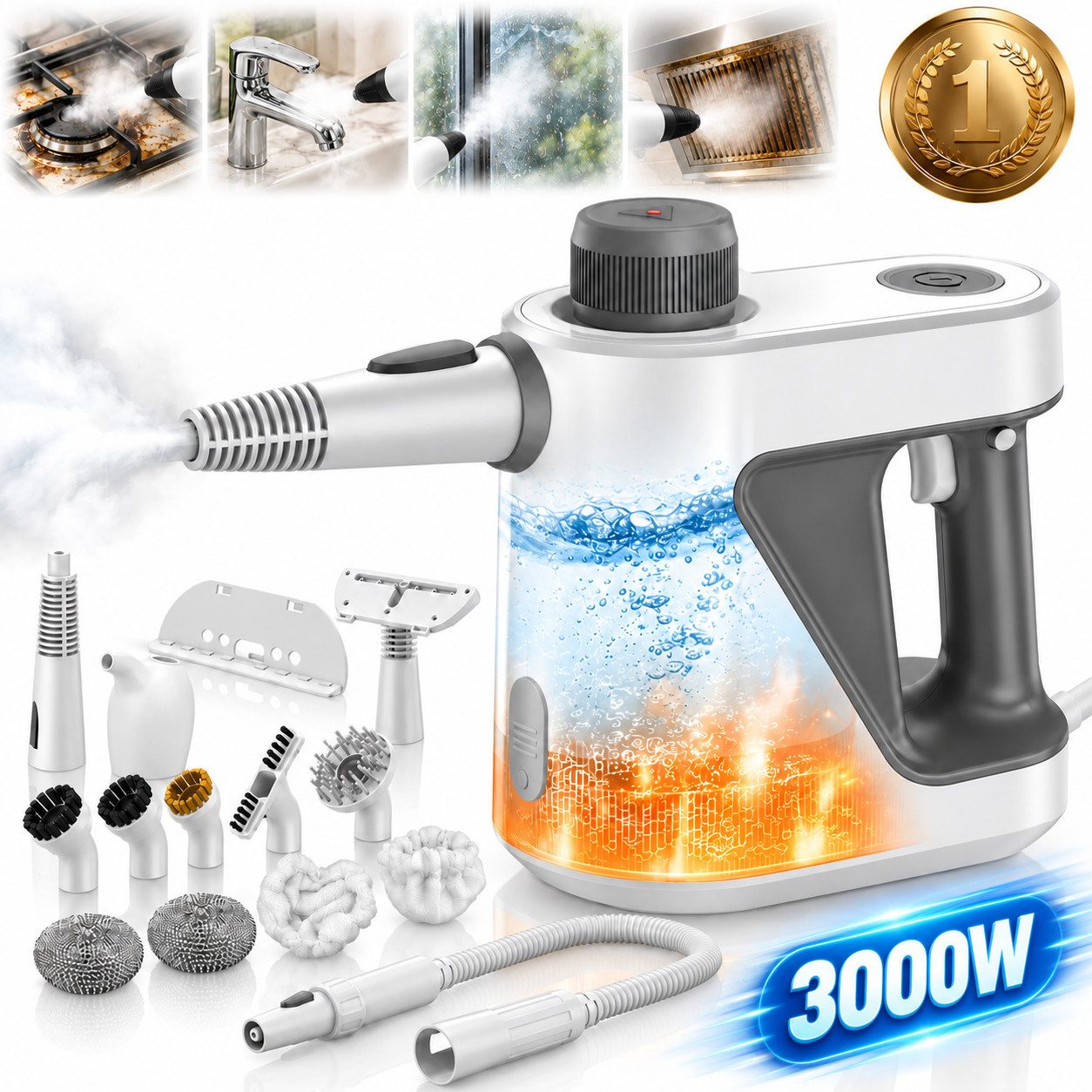 Forrlite Dampfreiniger 3000W, 15-in-1 Handdampfreiniger, 99,99 % Keimabtötung, 0 Chemikalien, Steam Cleaner für Auto, Küche, Badezimmer, Fliesen, Fenstern