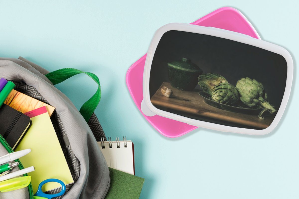 MuchoWow Erwachsene, (2-tlg), Kinder, rosa Malerei, Kunststoff Brotdose Snackbox, - für - Lunchbox Artischocke Teller Mädchen, Stilleben Brotbox Kunststoff, -