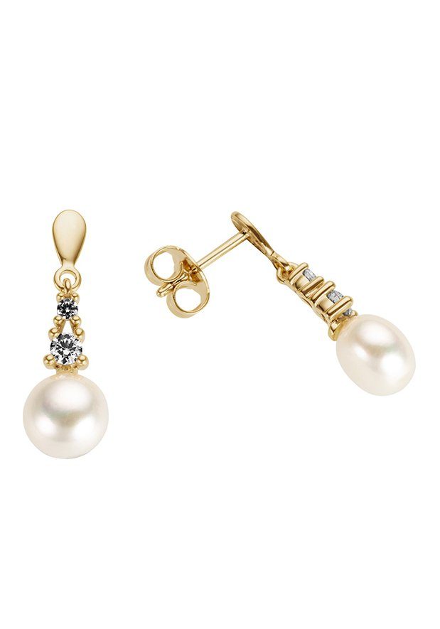 Firetti Paar Ohrstecker Schmuck Geschenk Gold 333 Ohrschmuck Perle Solitär-Optik, mit Zirkonia (synth) - mit Süßwasserzuchtperle