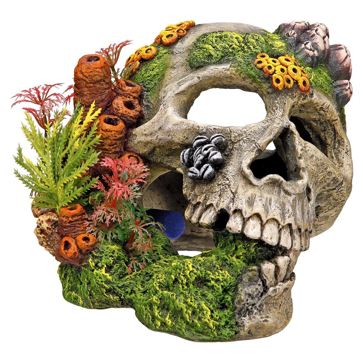 Aquariendeko Aquariendekoration Totenkopf mit Pflanzen 19,5 x 16 x 14 cm