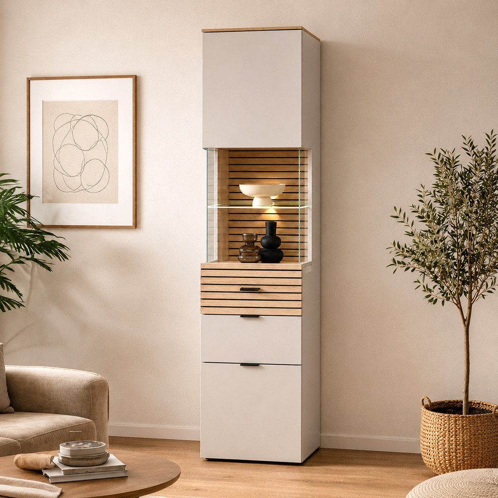 Lomadox Vitrine ISCHIA-36 inkl. LED Beleuchtung, Beige mit Eiche, 45 cm breit, Softclose