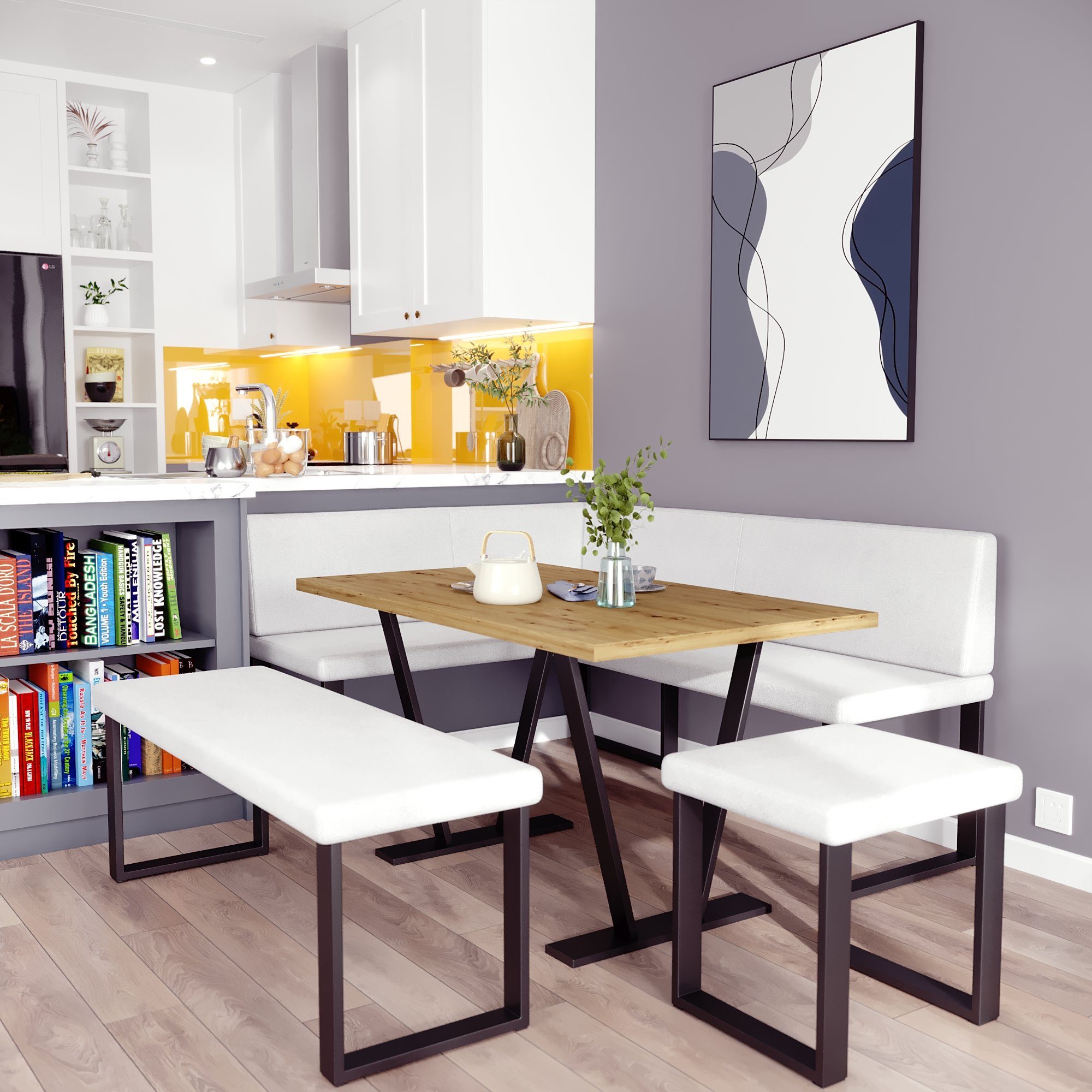 AN FURNITURE STORE Eckbankgruppe Eckbank ALINA Metall Set, (Eckbank mit Tisch, Sitzbank und Hocker), Tischplatte 32 mm, Farbe ARTISAN OAK, pulverbeschichtetes Metallprofil