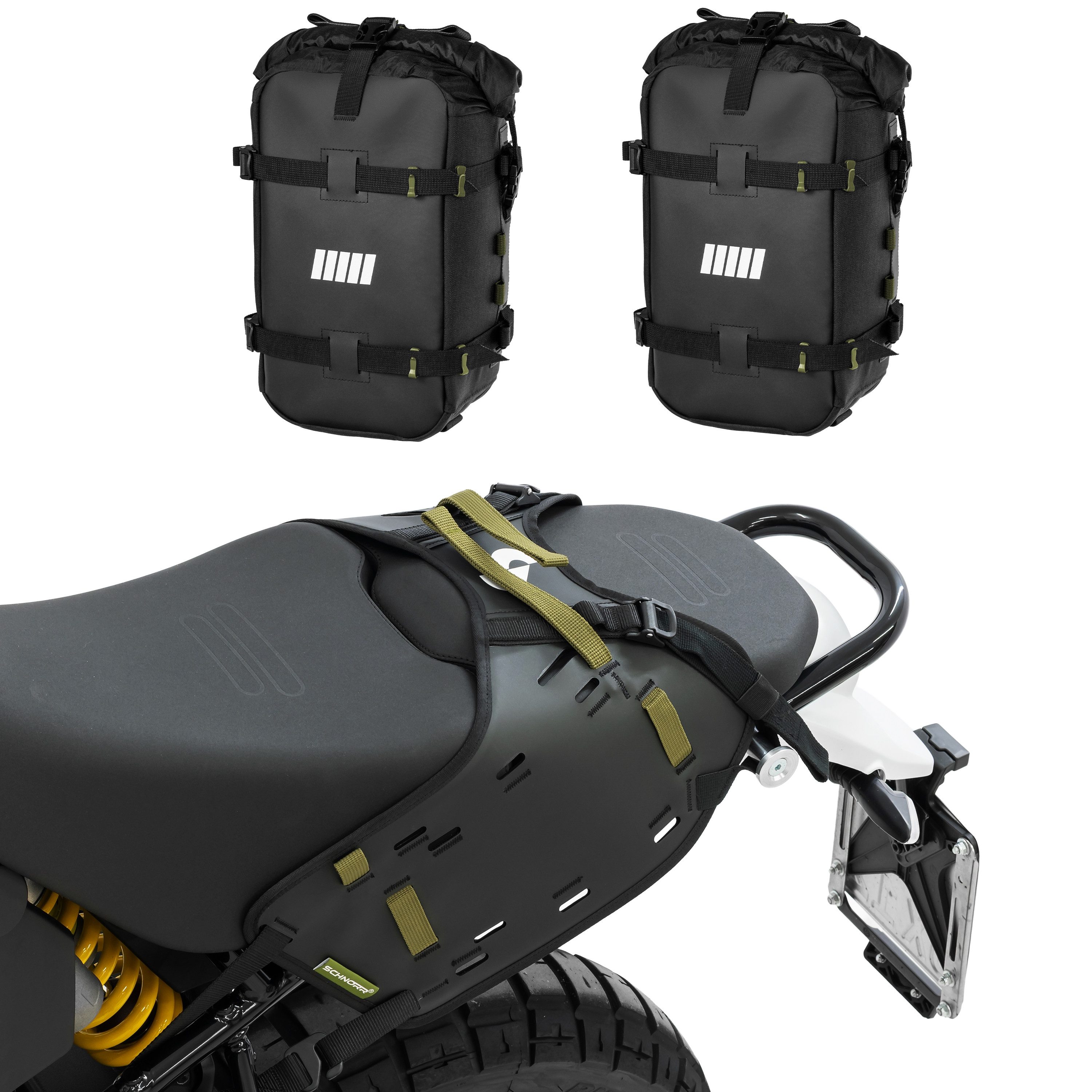 SCHNORR Fahrrad-Gepäckträger Bundle- BagHub + 2× BB-12 Seitentaschen kompatibel mit Ducati DesertX