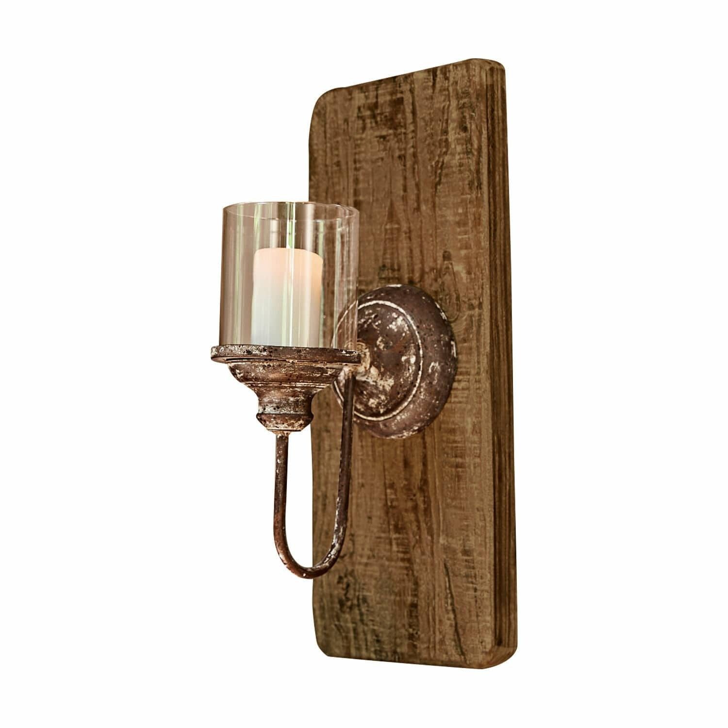 Mirabeau Kerzenständer Wandkerzenhalter Vios antikbraun/klar, Eisengestell mit Antik-Finish, Wiederaufbereitetes Kiefernholz