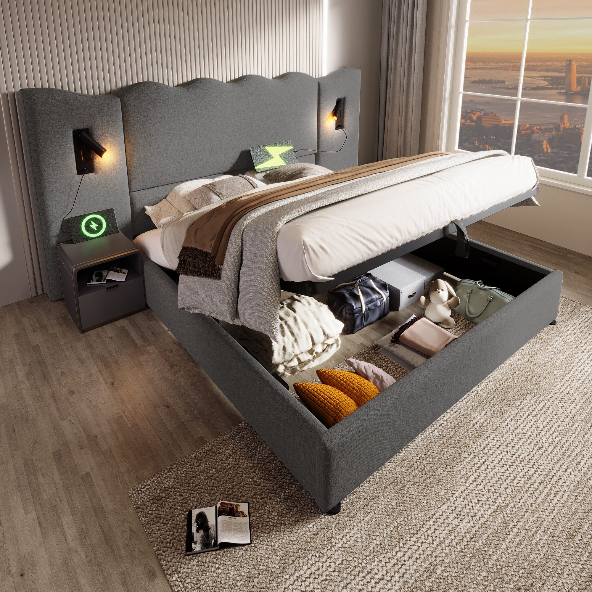 MODFU Polsterbett Schlafzimmerbett Stauraumbett (Doppelbett, 1-tlg., 160×200cm, ohne Matratze), mit hydraulischem Stauraum, Drehbarer LED-Leselampe