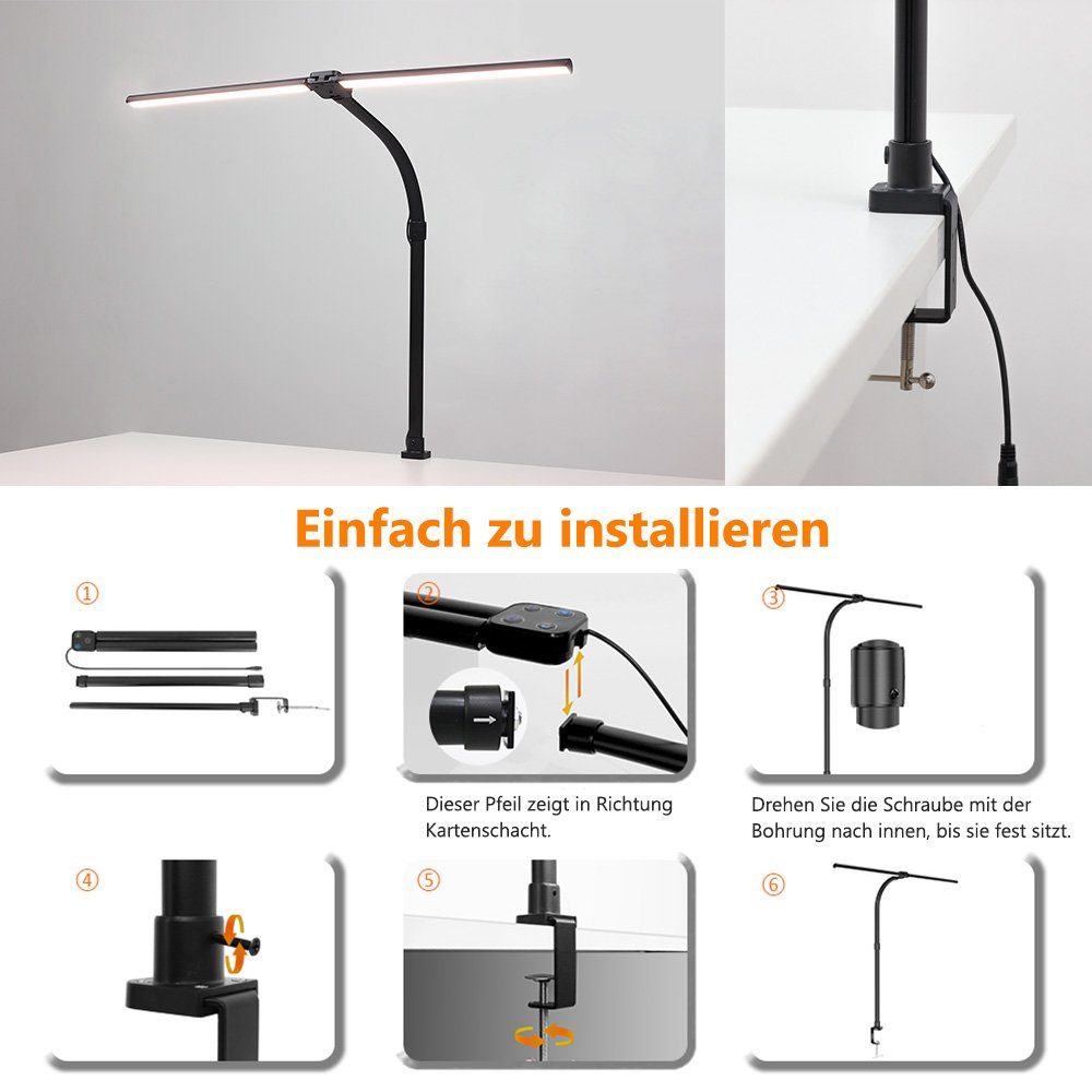 Klemme, Helligkeit, Farben Lesen, Rosnek LED und für Schwanenhals, Büro 3200-6500 flexibler Architekten mit Tischleuchte Fernbedienung, Doppelköpfe, mit 5 Studieren 24W, K,