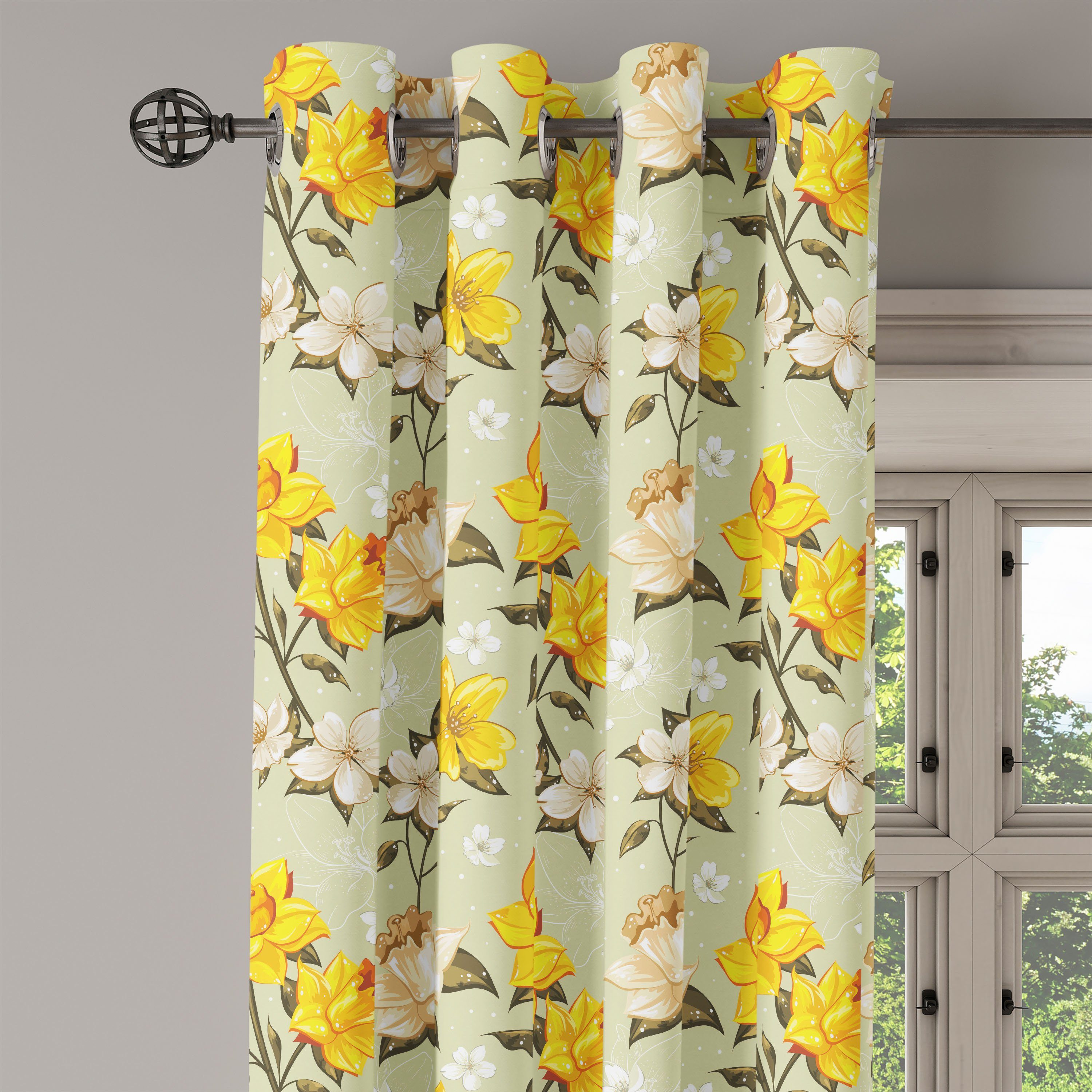Frühling Wohnzimmer, 2-Panel-Fenstervorhänge Narcissus Gardine für Dekorative Ast Floral Schlafzimmer Abakuhaus,