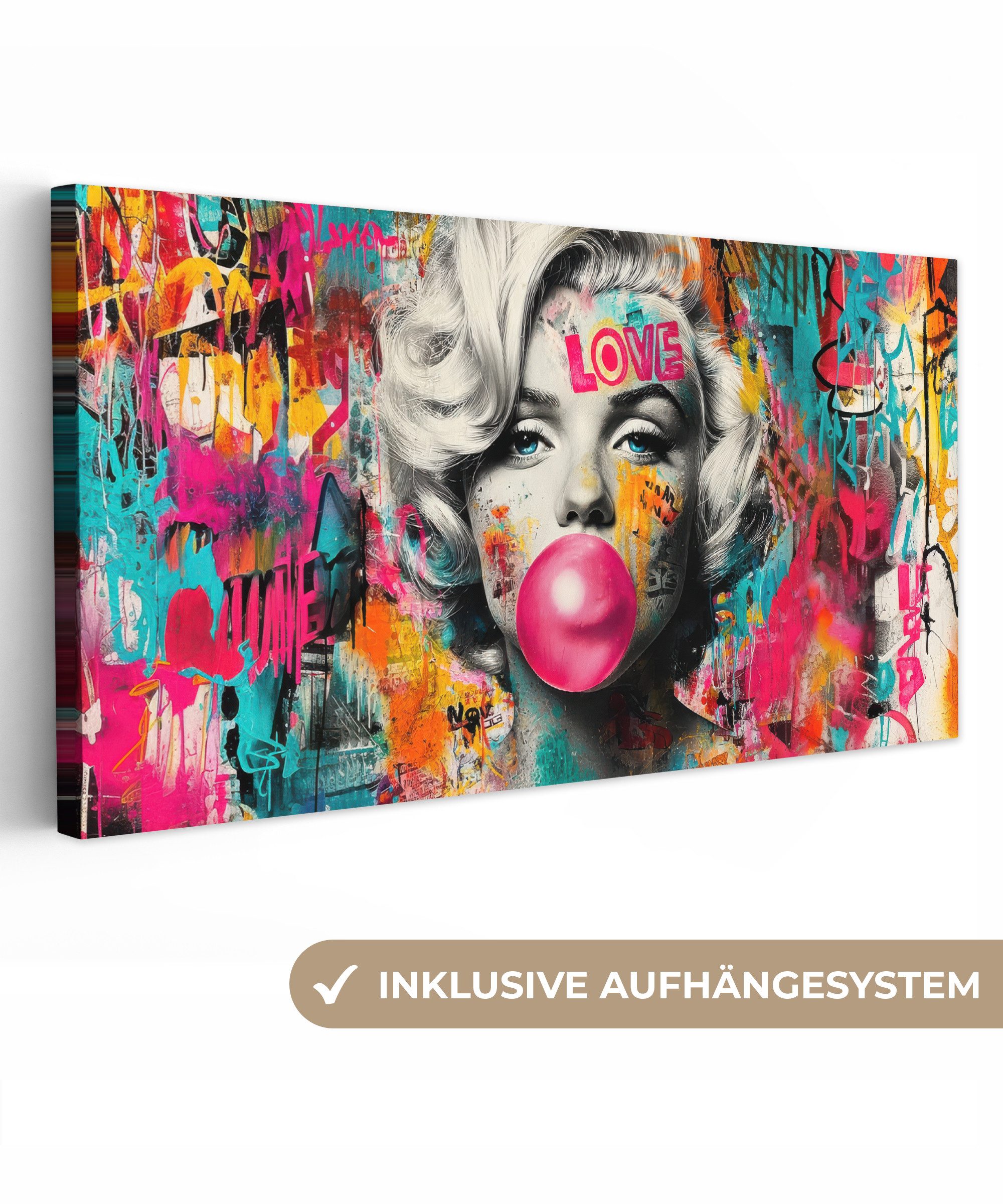 OneMillionCanvasses® Leinwandbild Panorama Frau - Kaugummi - Graffiti - Neonfarben, Fotodruck (1 St), Wandbild, Deko Schlafzimmer Wohnzimmer Flur 40x20 cm