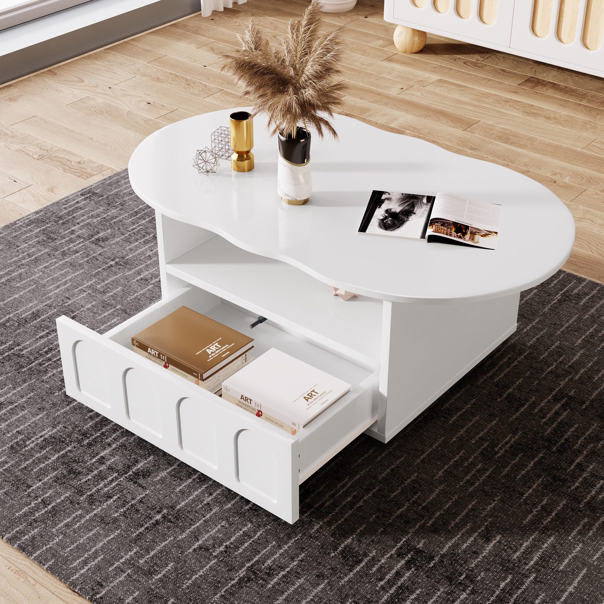 Refined Living Couchtisch wolkenförmiger Couchtisch Wohnzimmertisch mit Schubladen Sofatisch (1 Artikel 100 x 39,2 x 60 cm Tischplatte in Wolkenform, 1-St., mit Schubladen &  Offenes Ablagefach, großem Stauraum aus Spanplatte), Elegantes &  einzigartiges Design Schutz für den Boden, robust, stabil
