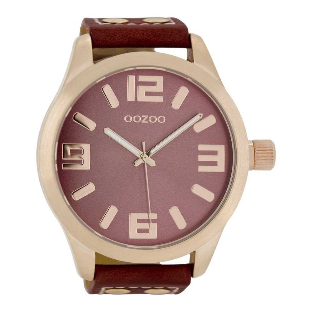 OOZOO Quarzuhr Basic Herrenuhr Rosé C1105 Korallrot Lederband XXL 50 mm