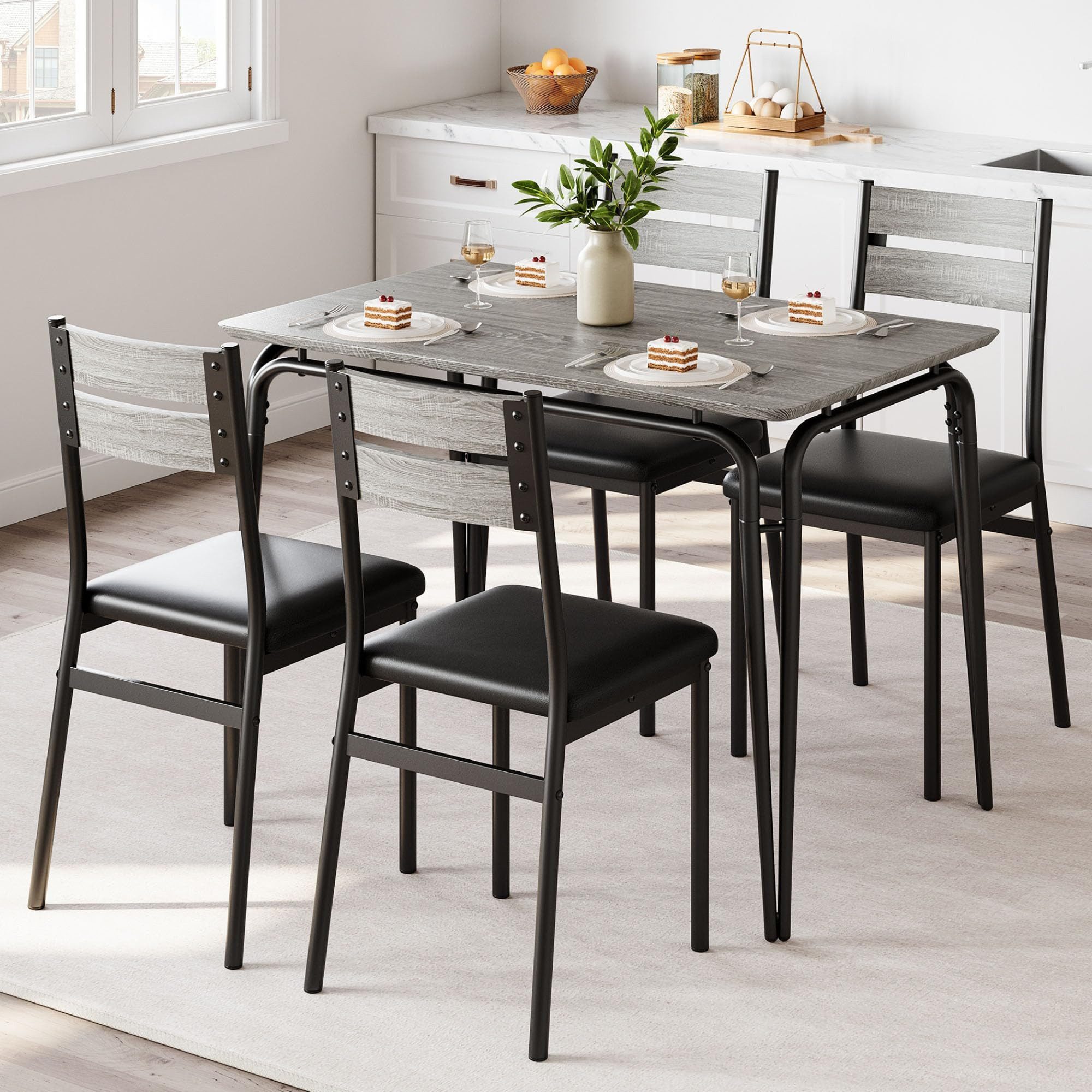 GarveeMore Essgruppe Quadratische 5-teiliges Esszimmer-Set aus Holz für 4 Personen, Tisch: 70 x 110 x 76 cm, 4 Stuhl je: 43 x 38.5 x 86 cm