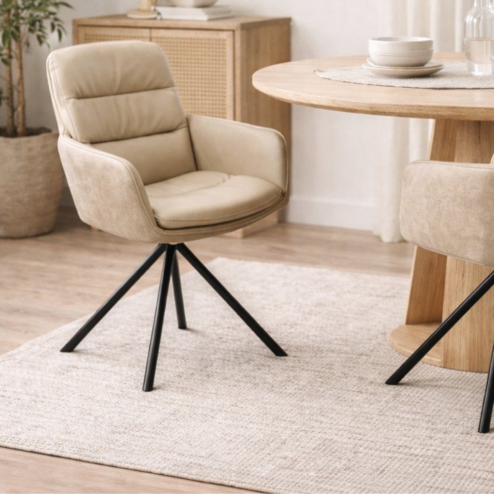 LebensWohnArt Stuhl Bequemer Drehstuhl CHARLES III beige Echtleder sand Mikrofaser