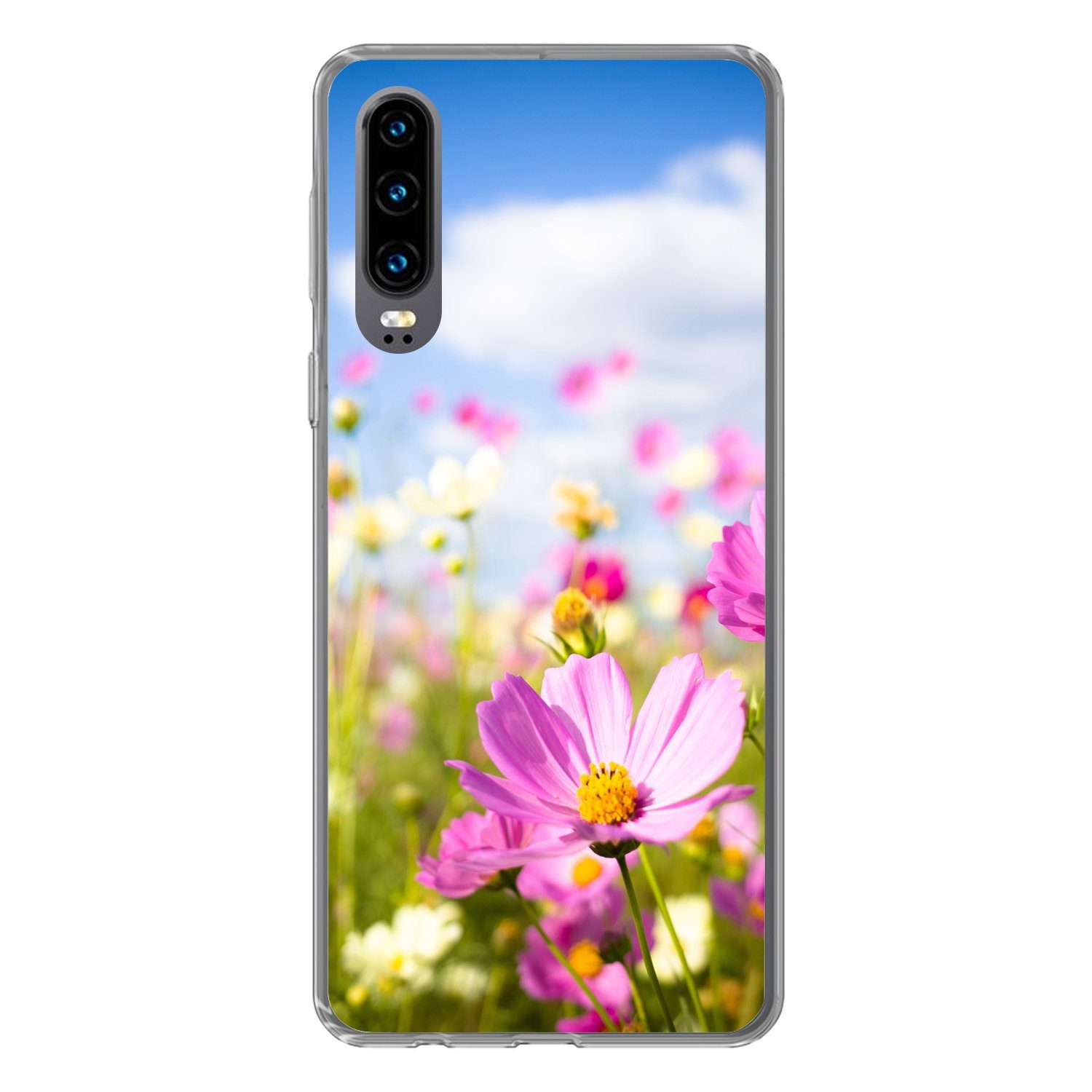 MuchoWow Handyhülle für Huawei P30 Blumen - Wiese - Lila - Gras - Weiß - Wolken - Blau, Handy Case, Silikon, Bumper Case Dünn