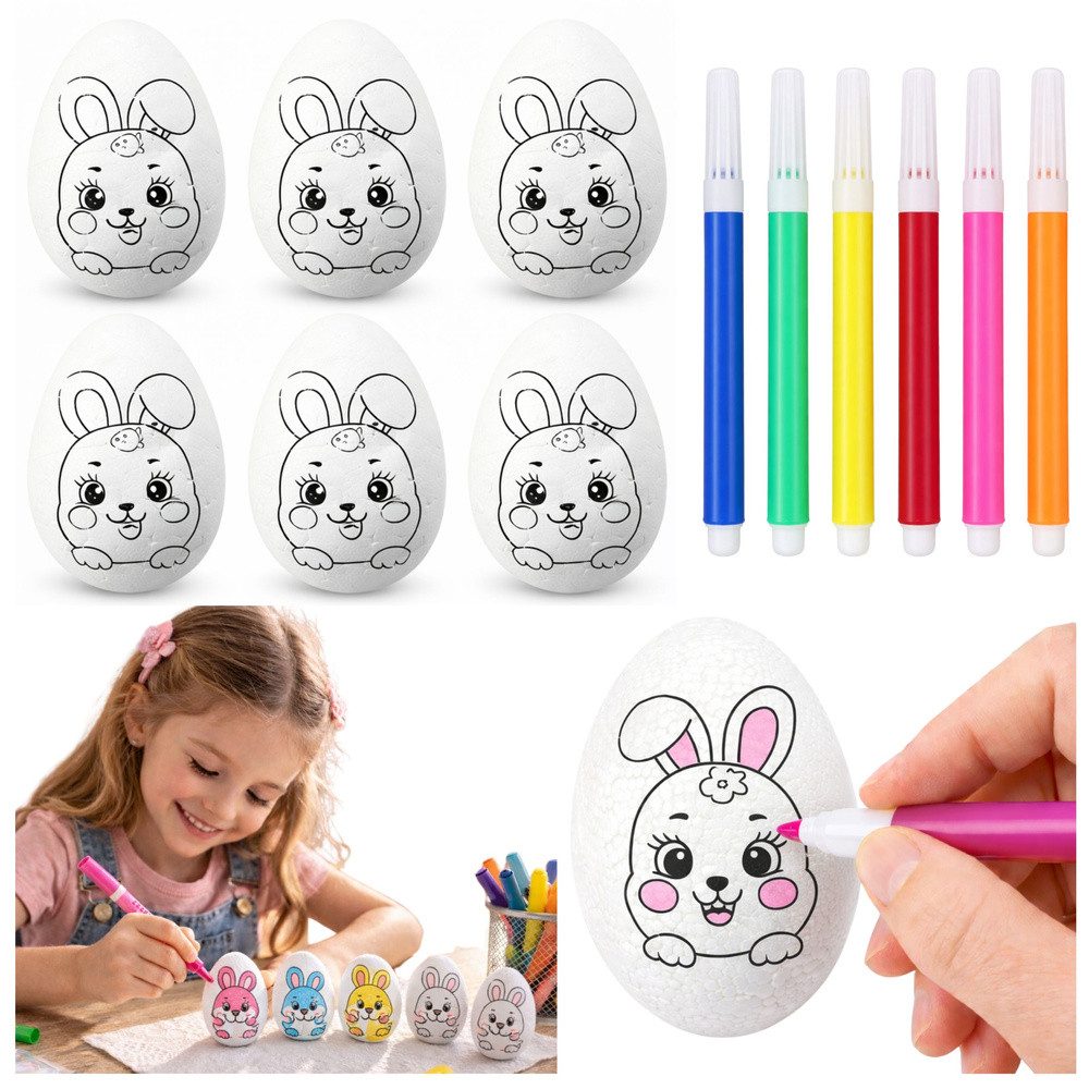 LEAN TOYS Kreativset Bastelset Ostereier Malvergnügen, (Spar-Set, 6-tlg., 5,5 x 3,5 cm bemalbar), 6 Eier, 6 Filzstifte, Hasenmotiv, bemalbar