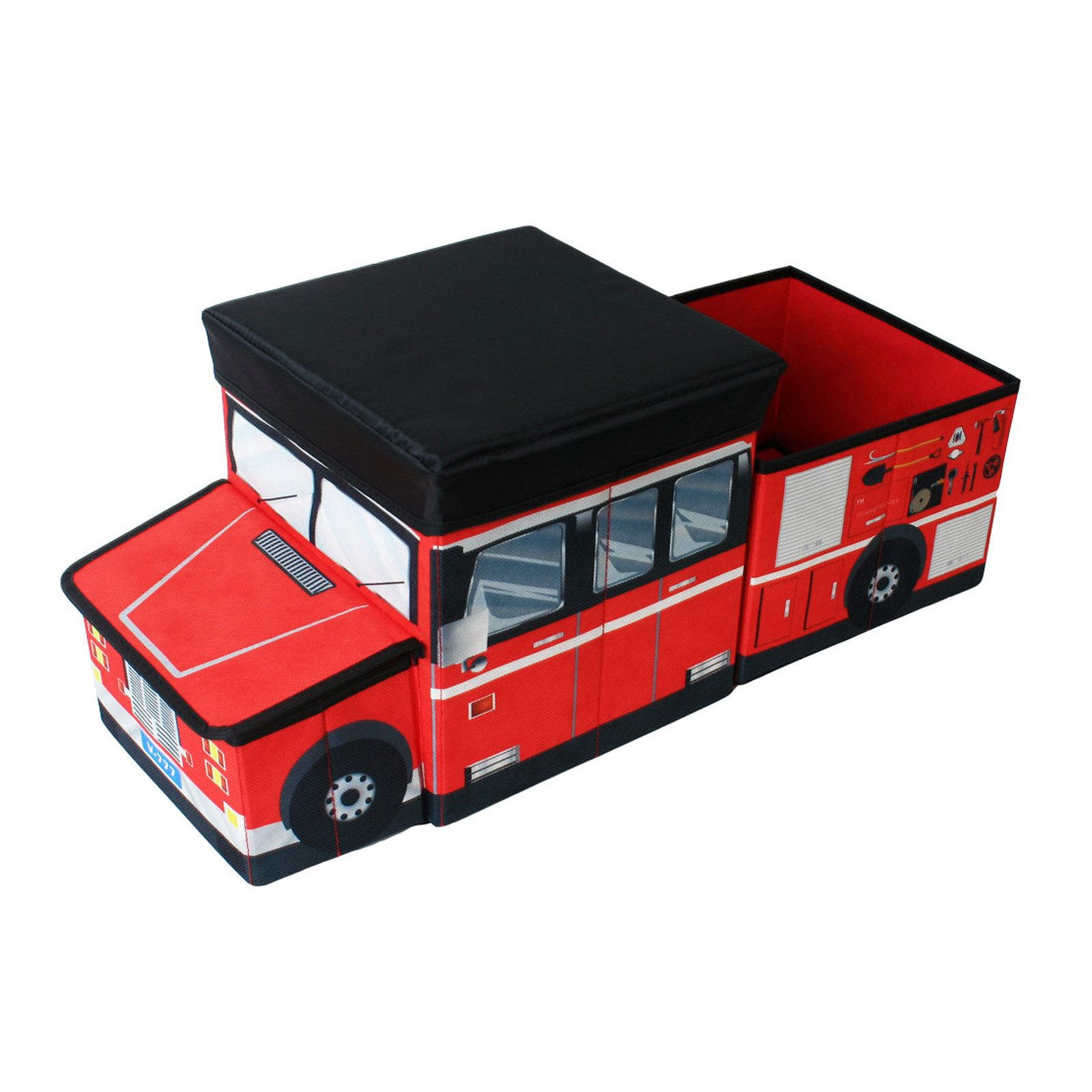 TE-Trend Spielzeugtruhe Aufbewahrungsbox Feuerwehrauto Box mit Hocker (1 St), faltbar mit 3 Fächern