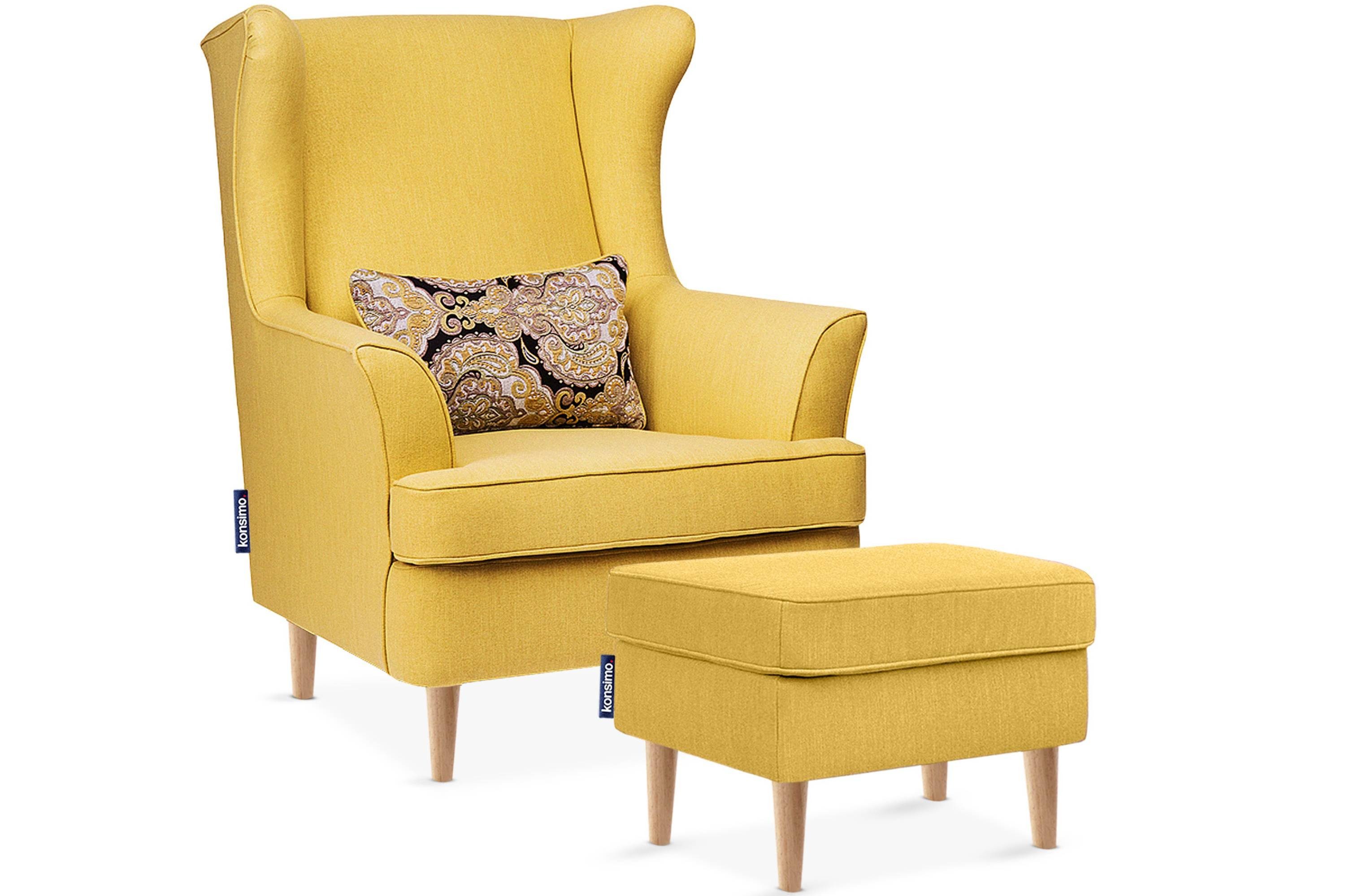 Konsimo Крісла STRALIS Sessel mit Hocker, zeitloses Design, hohe Füße, inklusive dekorativem Kissen