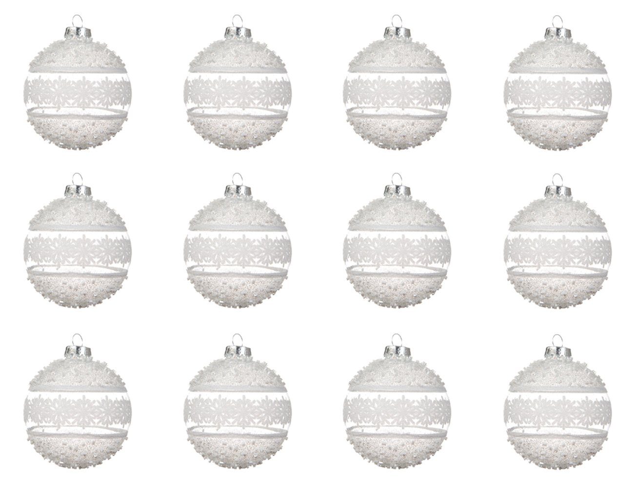 8cm weiß, season Decoris 12er Glas decorations Schneeflocken Weihnachtskugeln / Set klar Weihnachtsbaumkugel, Muster