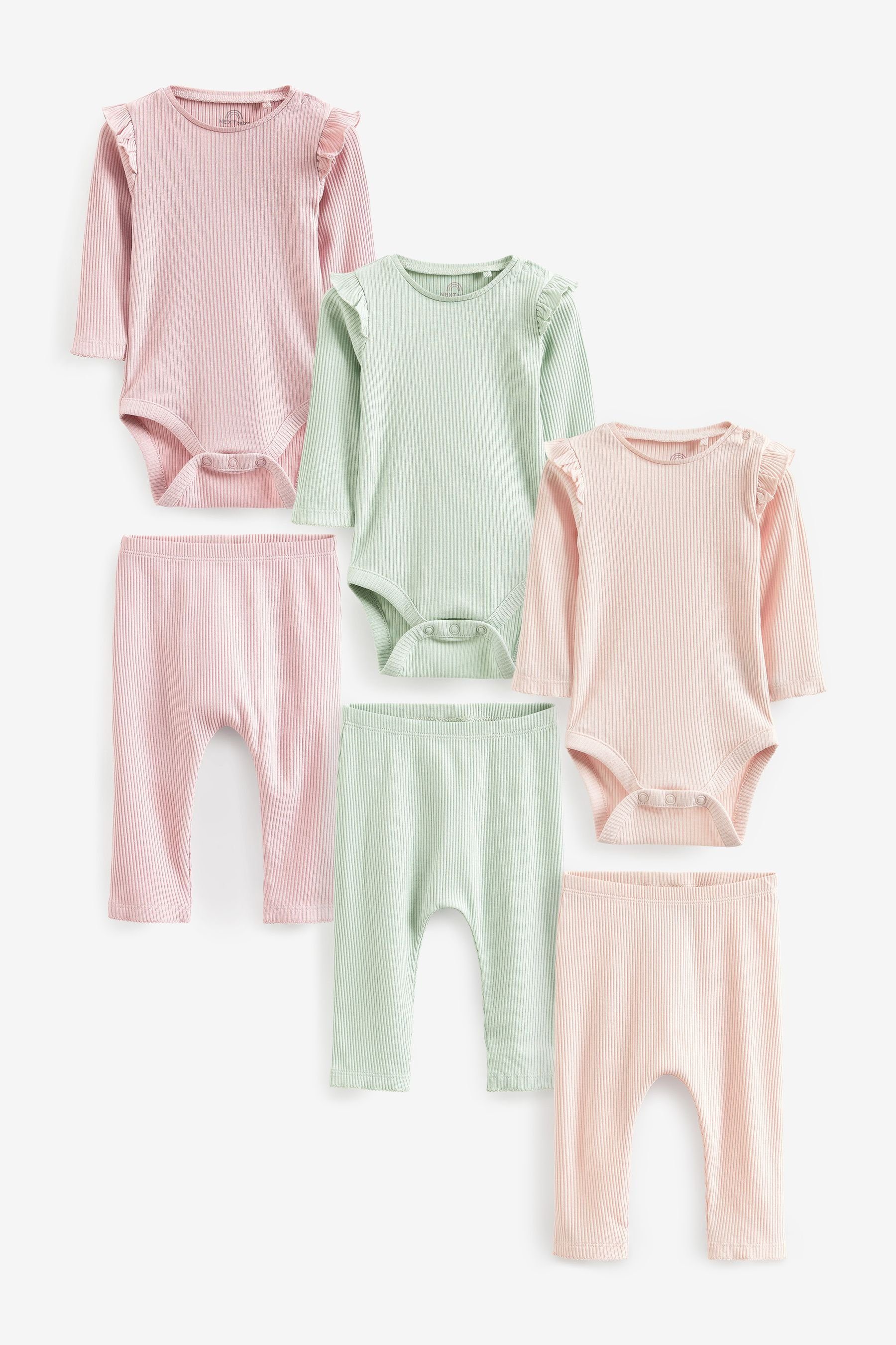 Next Body & Leggings 6er-Pack Baby-Bodysuits mit Rüschen und Leggings (6-tlg) Pink/Green