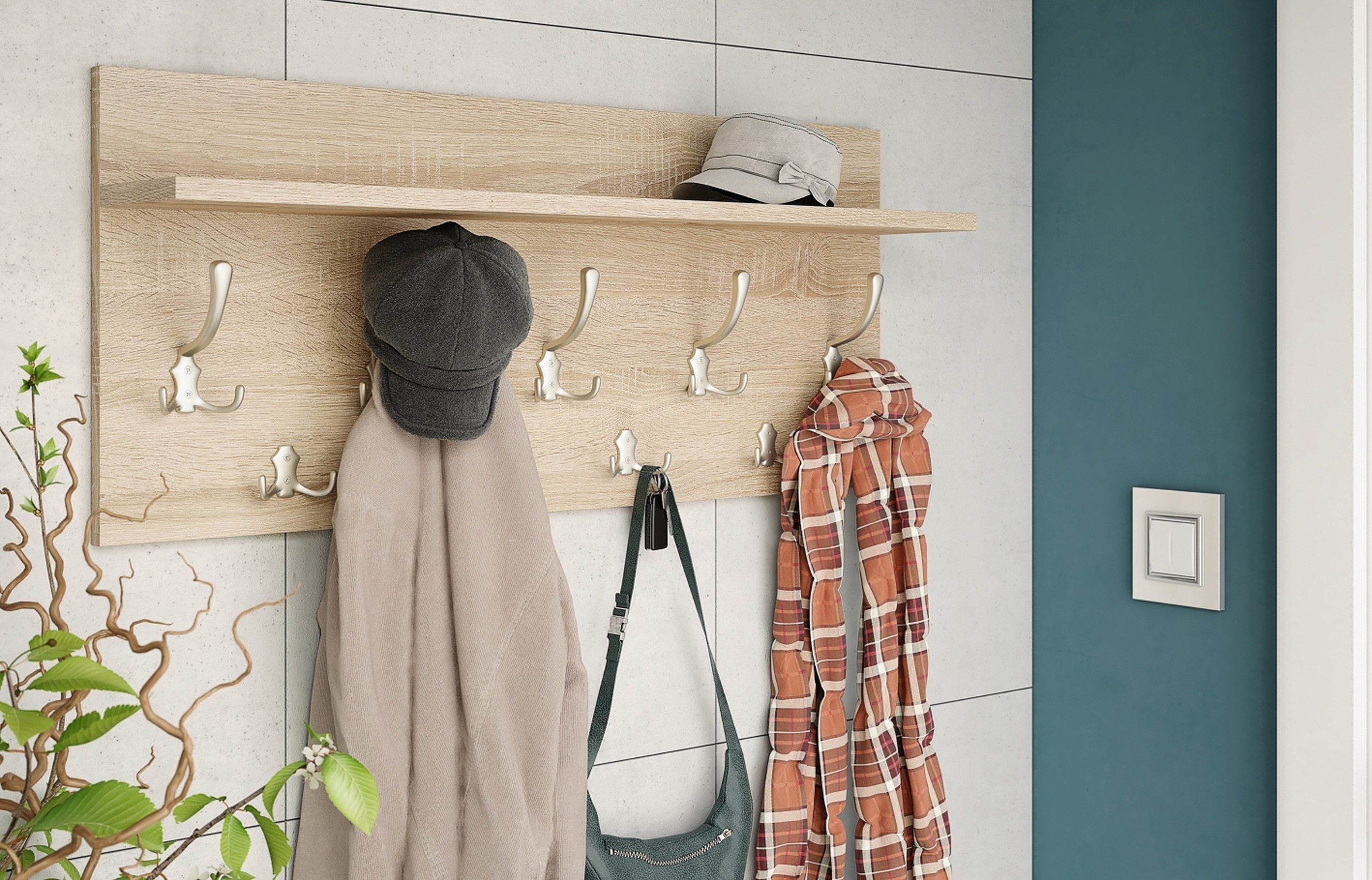 designimpex Garderobenpaneel Garderobe 90 x 40cm Sonoma Eiche - Edelstahloptik Kleiderhaken Finlo – Bild 2 von 4