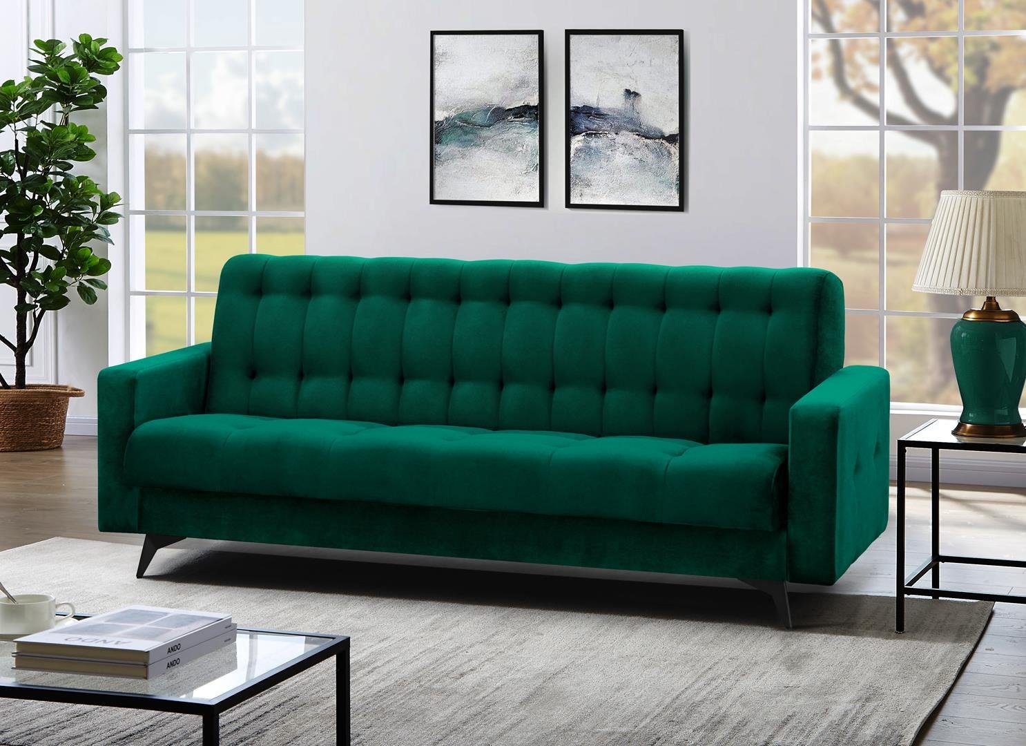 Beautysofa Schlafsofa Flasches Velour, Couch Wohnzimmer, Sofa Bettkasten, Schlaffunktion, für Grün BIS, GRETA Polstersofa